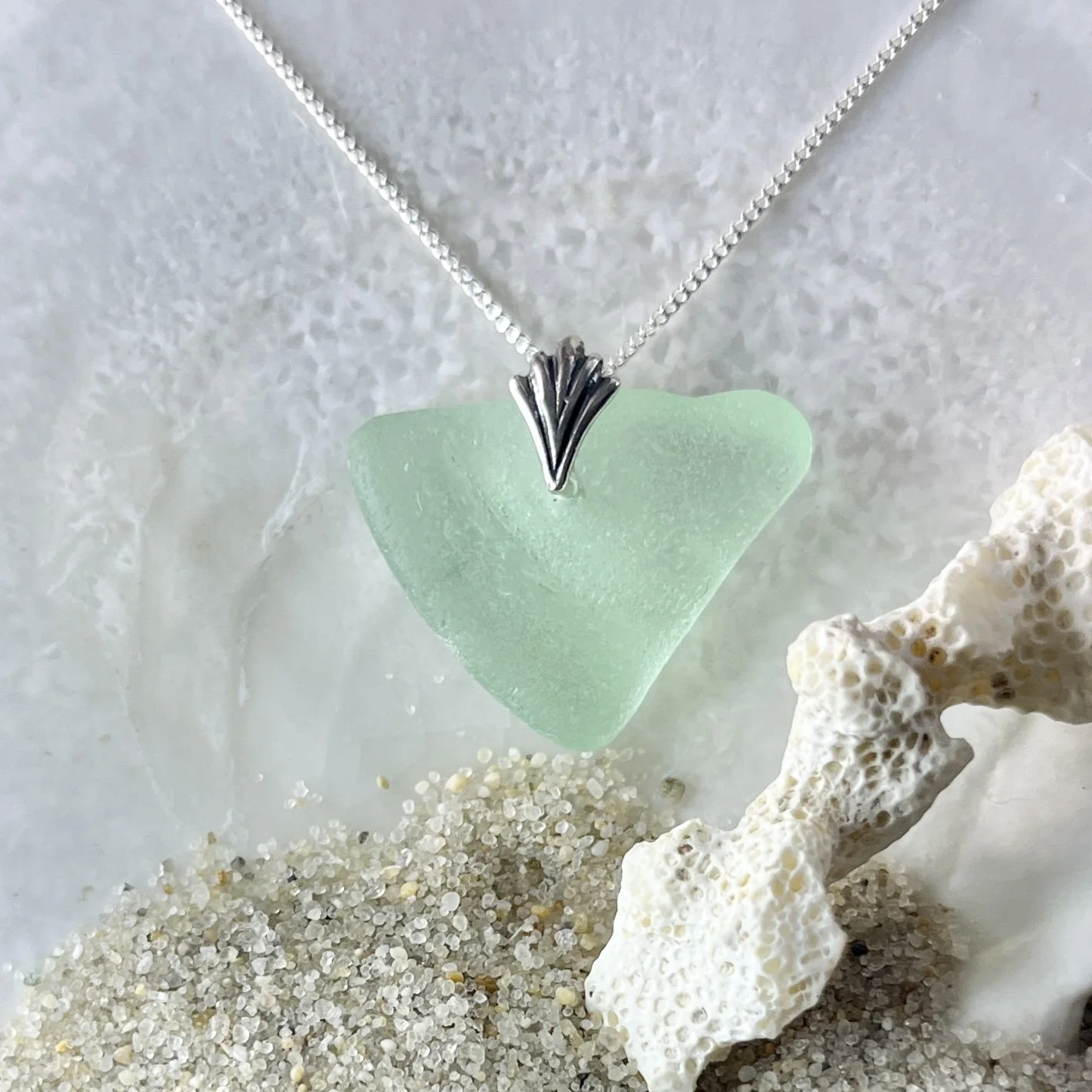 Green Seafoam Sea Glass Necklace by Janet Payne Jewelry, Cape May, NJ