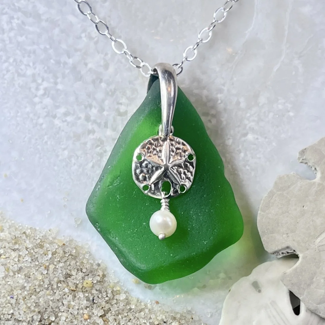 Green Sea Glass Necklace with a Sterling Silver Sand Dollar and a Freshwater Pearl by Janet Payne Jewelry, Cape May, NJ.jpg
