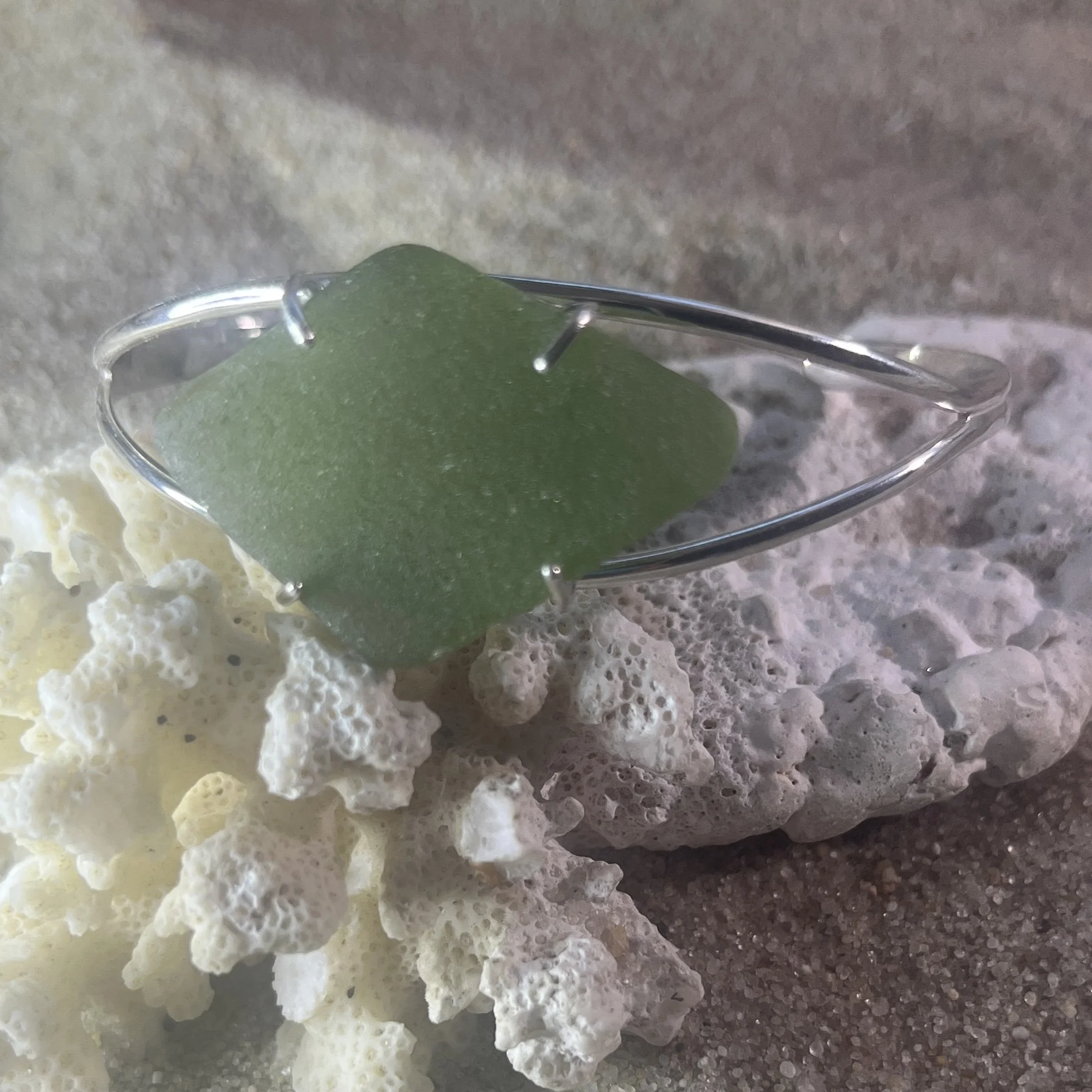 Moss Green Sea Glass and Sterling Silver Cuff by Janet Payne Jewelry, Cape May, NJ
