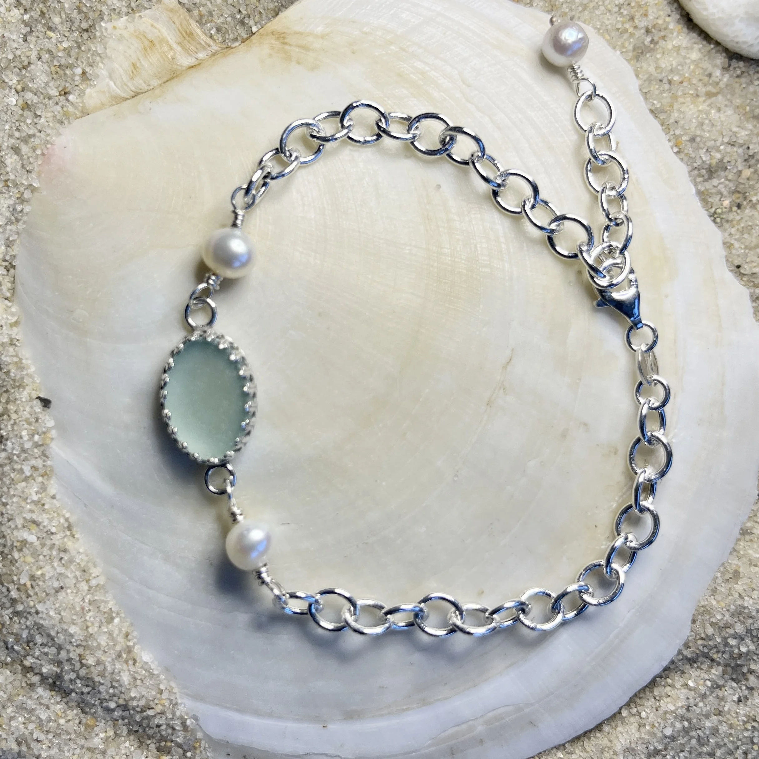 Seafood Sea Glass Bracelet with Freshwater Pearls  by Janet Payne Jewelry, Cape May, NJ.jpg