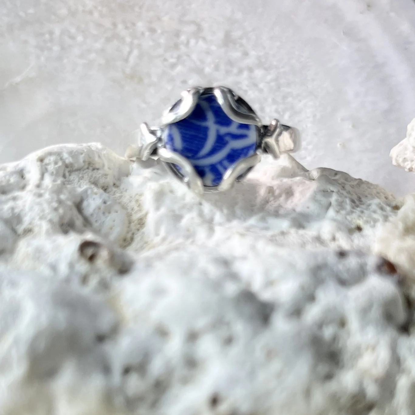 Blue and White Sea Pottery Ring - Size 7, Cape May, NJ