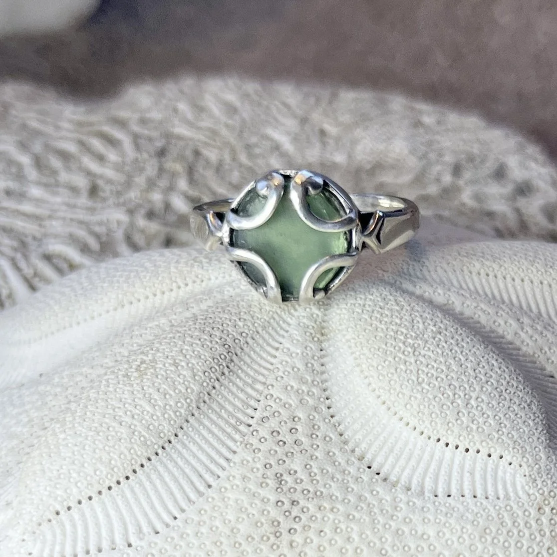 Green Seafoam Sea Glass Ring - Size 7