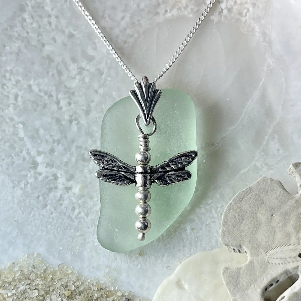Green Seafoam Sea Glass Necklace with a Sterling Silver Dragonfly by Janet Payne Jewelry, Cape May, NJ