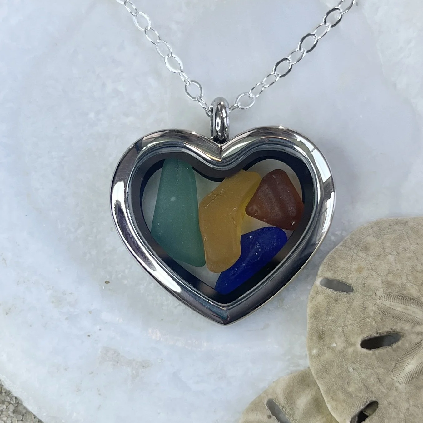 Glass Heart Locket Filled with Shades of Fall Sea Glass by Janet Payne Jewelry, Cape May, NJ.jpg