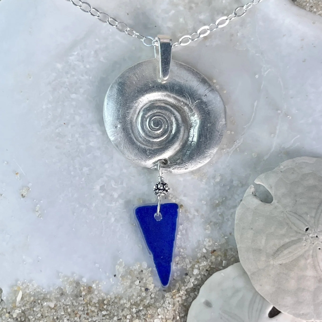 Fine Silver Shell Pendant with a Rare Blue Flash Glass Sea Glass Drop  by Janet Payne Jewelry, Cape May, NJ