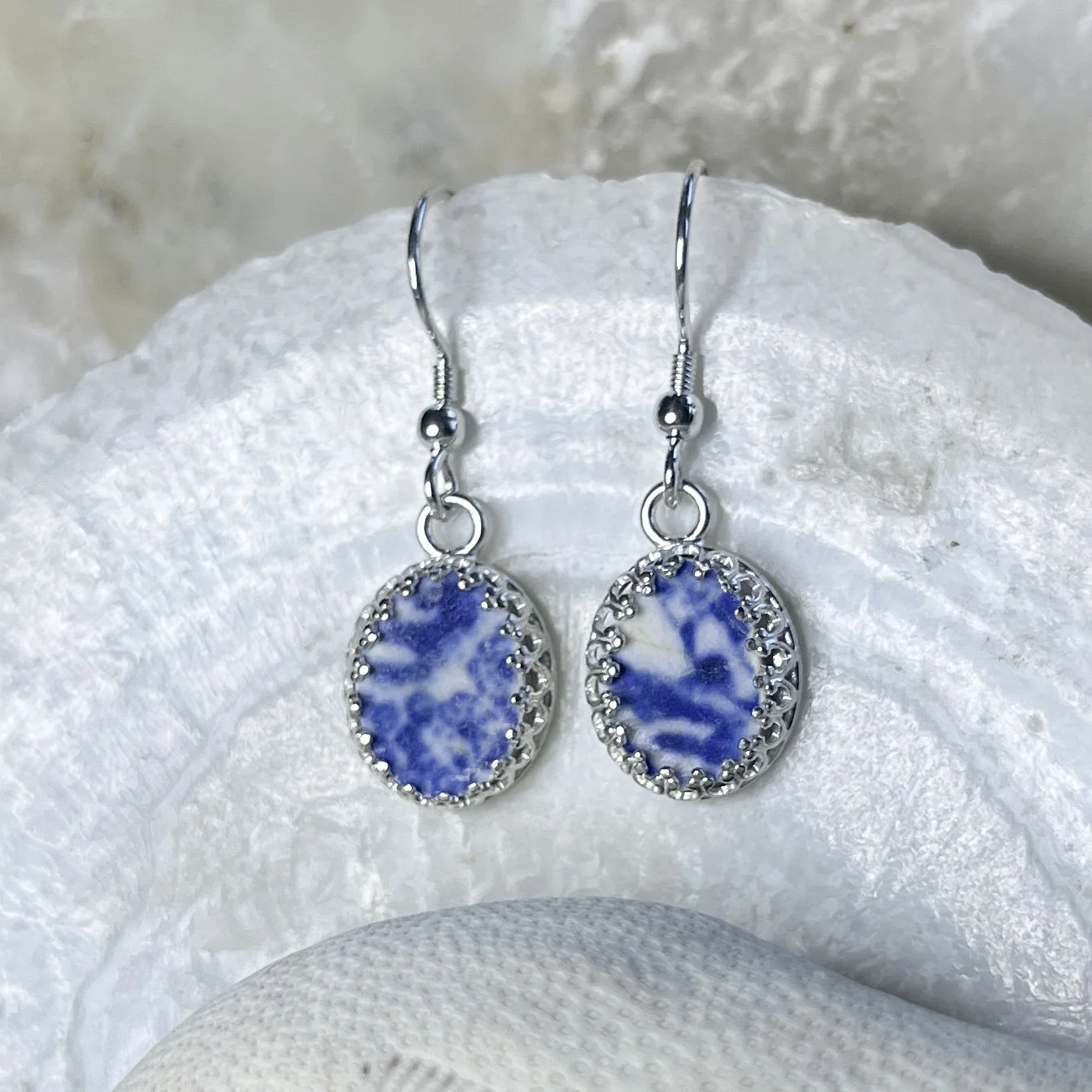 Blue and White Sea Pottery Earrings by Janet Payne Jewelry, Cape May, NJ.jpg