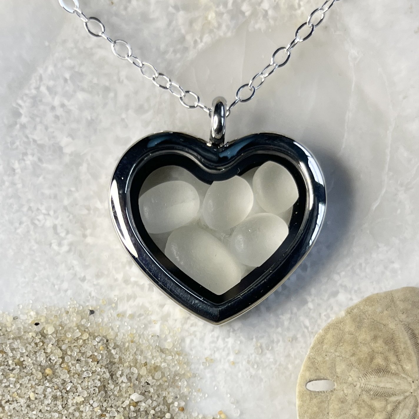 Glass Heart Locket Filled with Cape May Diamonds by Janet Payne Jewelry, Cape May, NJ.jpg