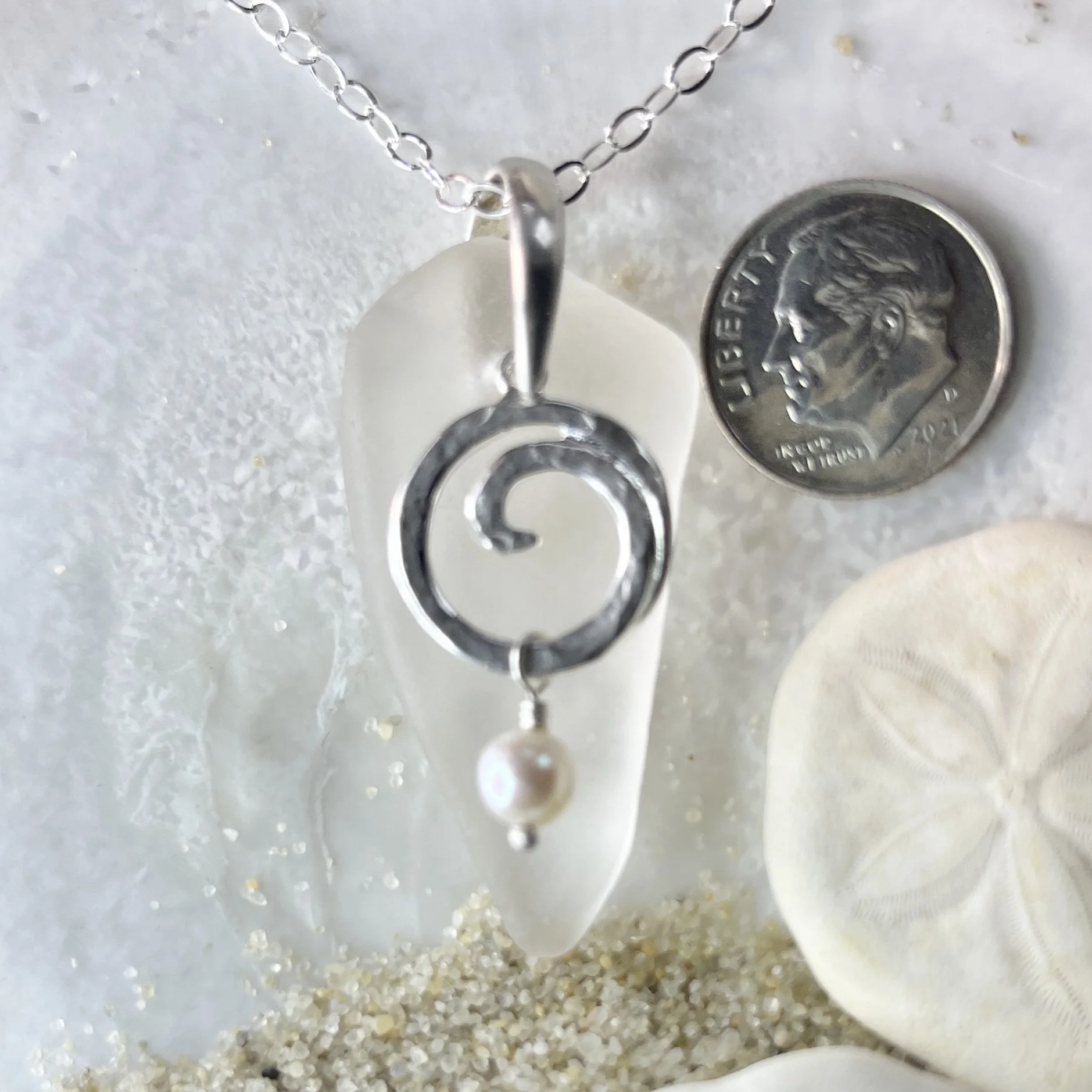 White Sea Glass Necklace with a Sterling Silver Ocean Wave and a Freshwater Pearl
