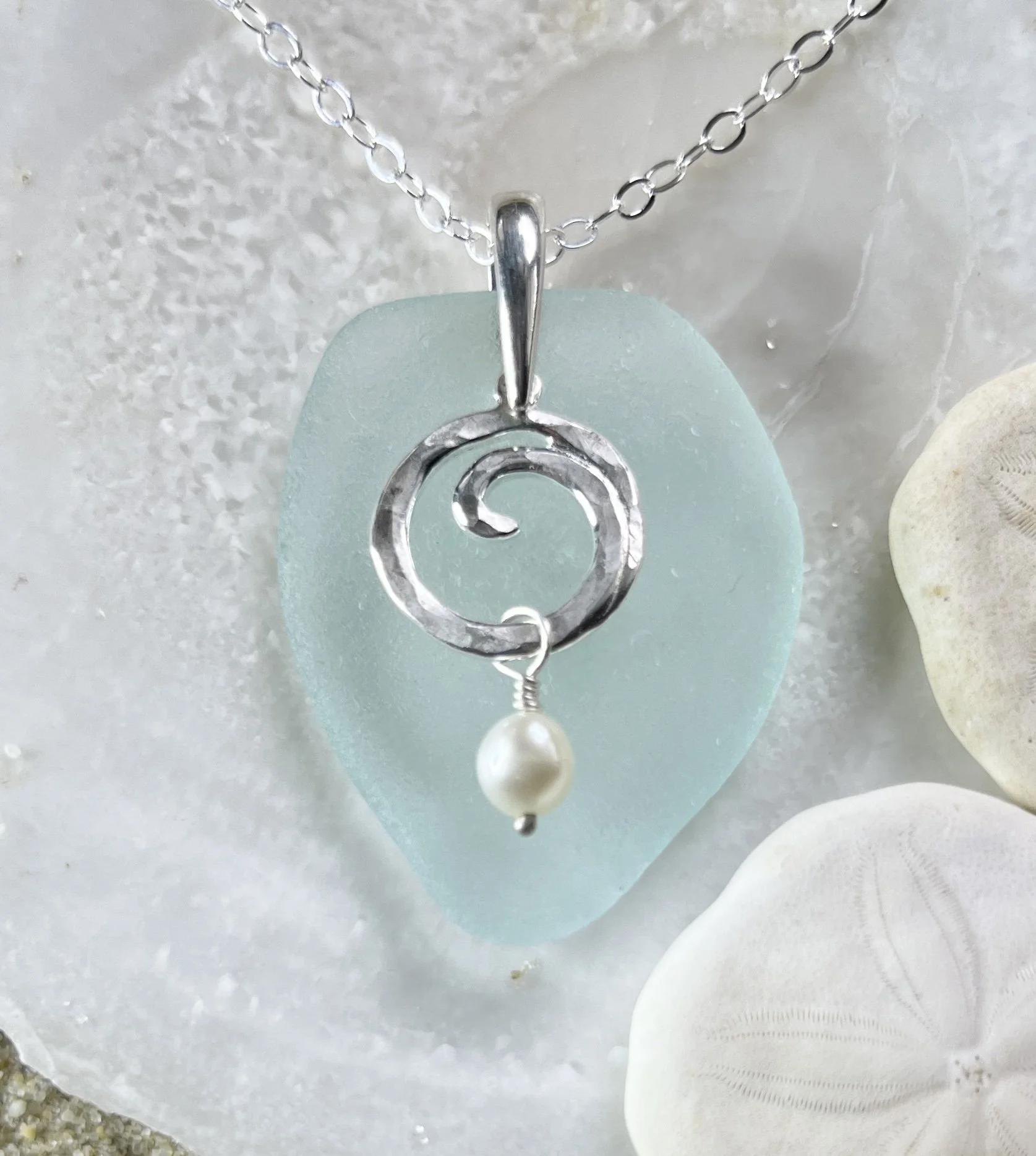 Statement Blue Seafoam Sea Glass Necklace with a Sterling Silver Ocean Wave with a Freshwater Pearl by Janet Payne Jewelry, Cape May, NJ