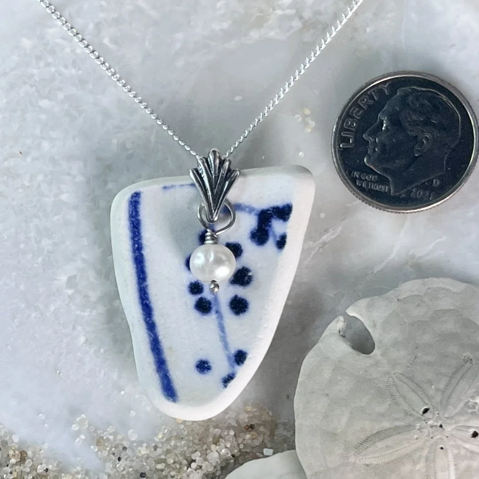 Blue and White Sea Pottery Necklace with a Freshwater Pearl