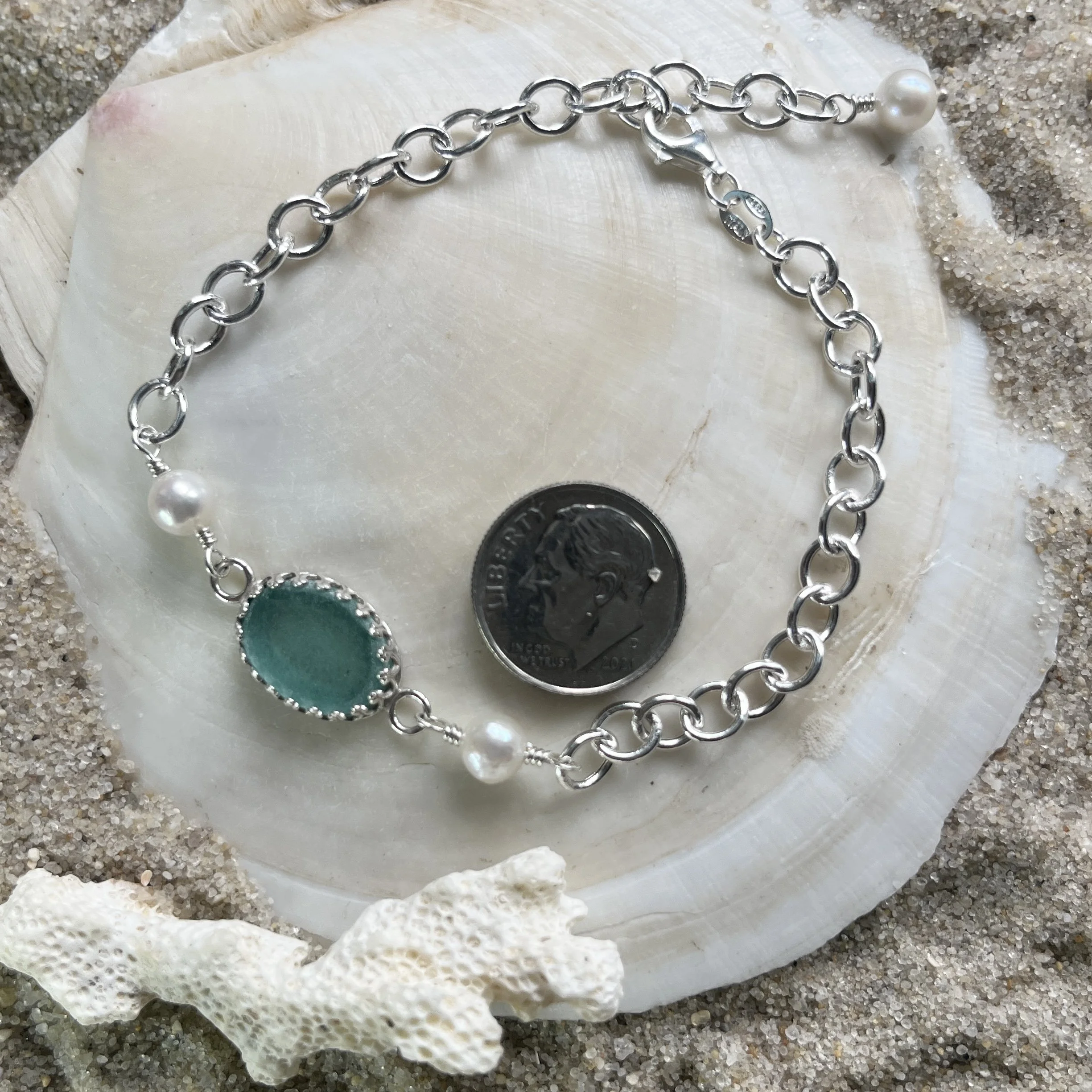 Teal Sea Glass Bracelet with Freshwater Pearls .jpg