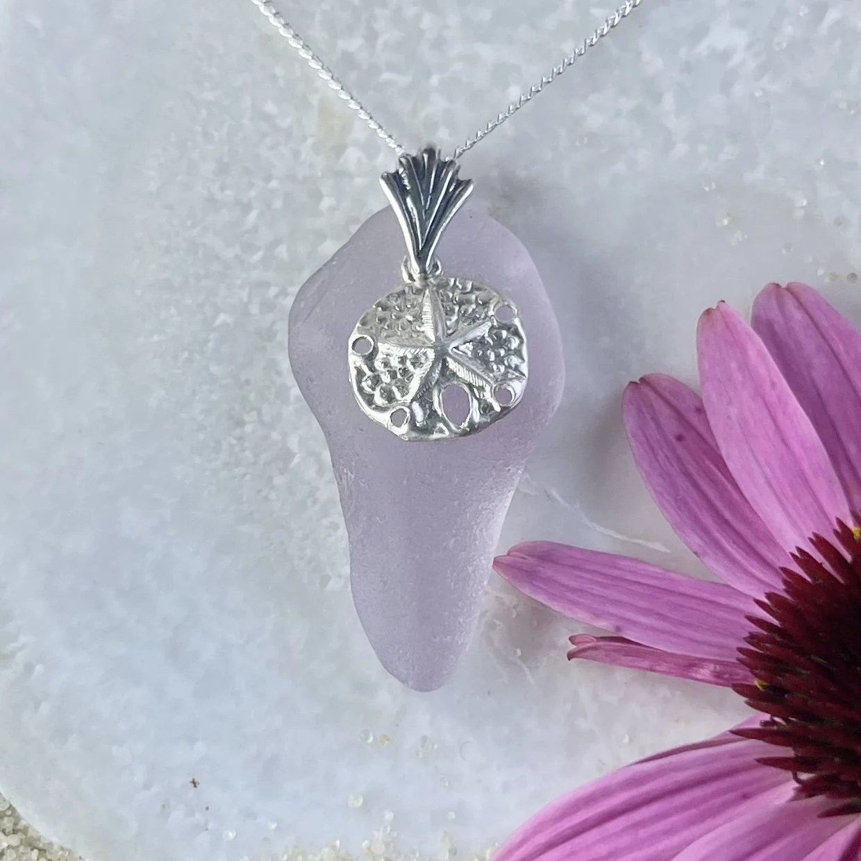 Lavender Sea Glass Necklace with a Sterling Silver Sand Dollar by Janet Payne Jewelry, Cape May, NJ.JPG