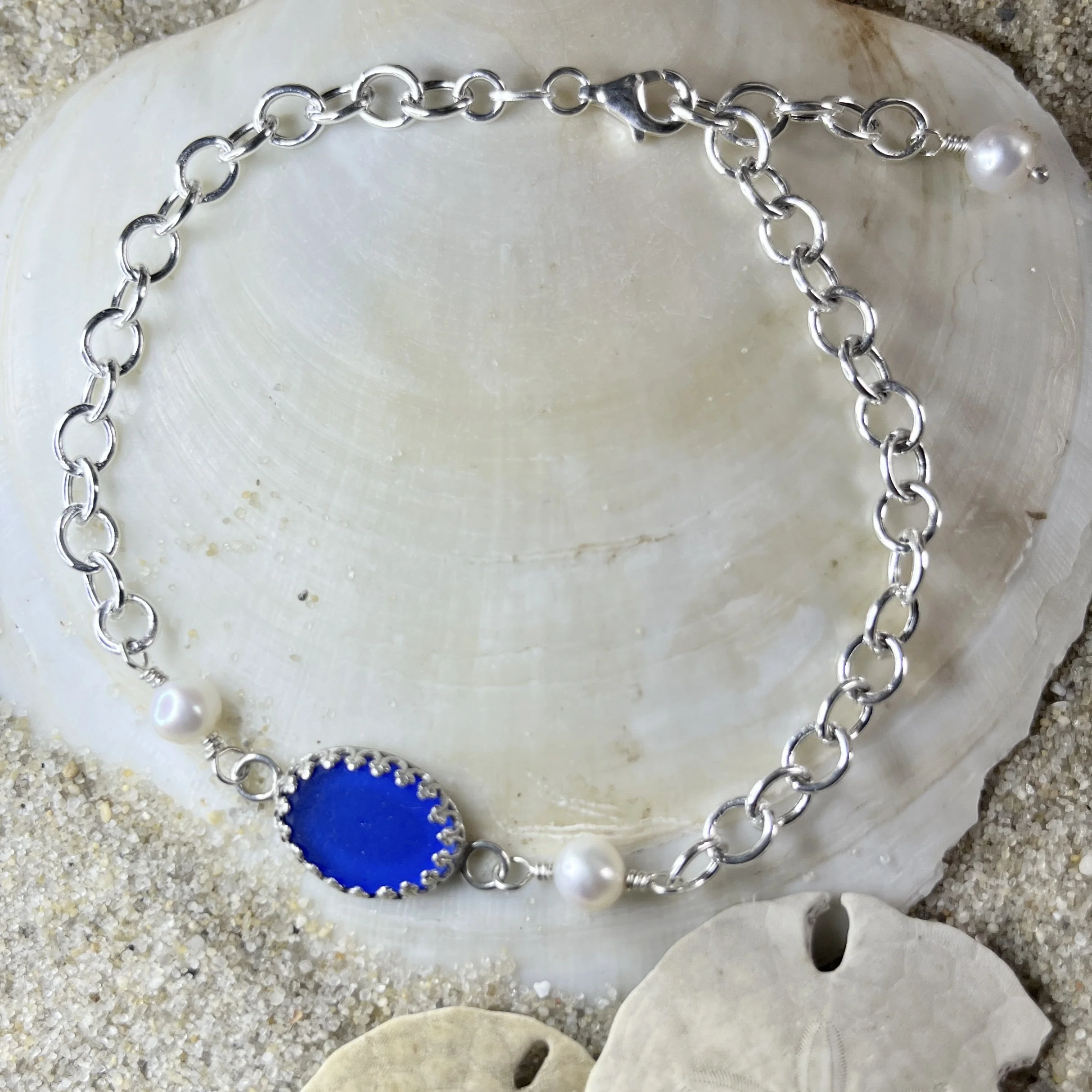 Cobalt Blue Sea Glass Bracelet with Freshwater Pearls by Janet Payne Jewelry, Cape May, NJ.jpg