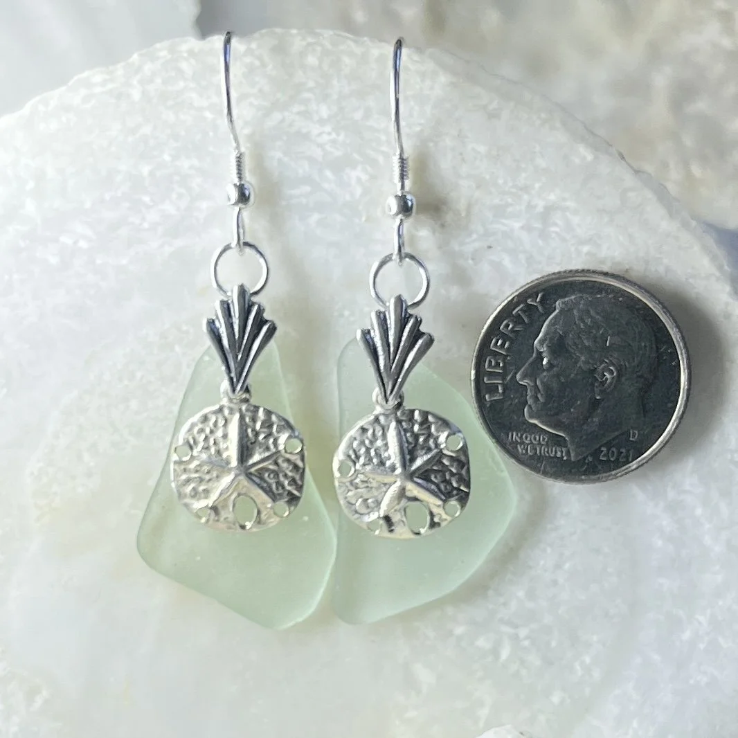 Sea Foam Sea Glass Earrings with Sterling Silver Sand Dollars.jpg
