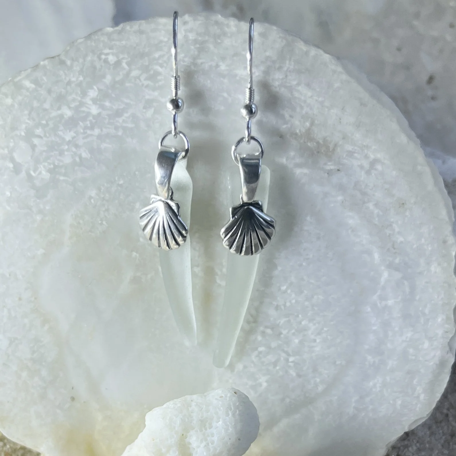 Light Sea Foam Sea Glass Earrings with Sterling Silver Shells by Janet Payne Jewelry, Cape May, NJjpg