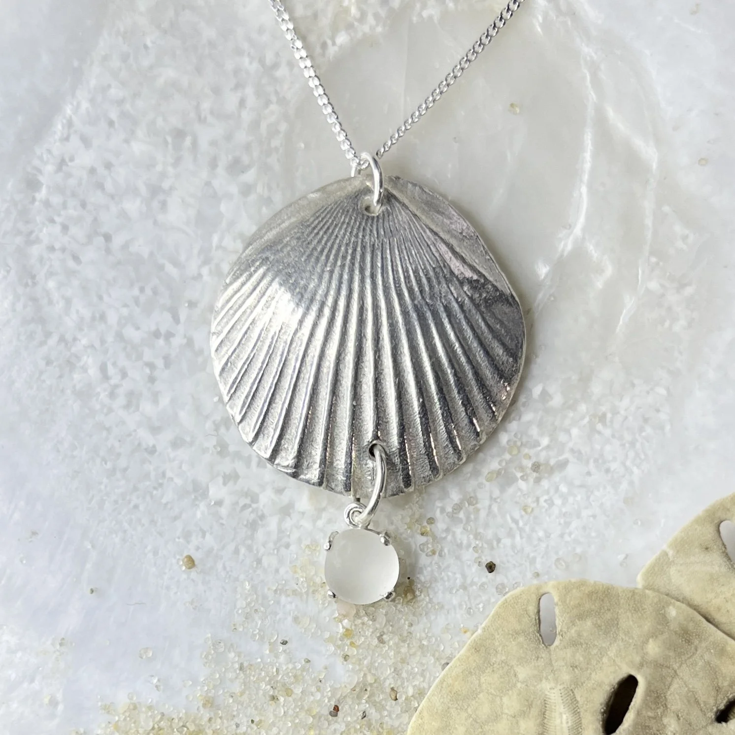 Fine Silver Shell Pendant with a Cape May Diamond Drop by Janet Payne Jewelry, Cape May, NJ