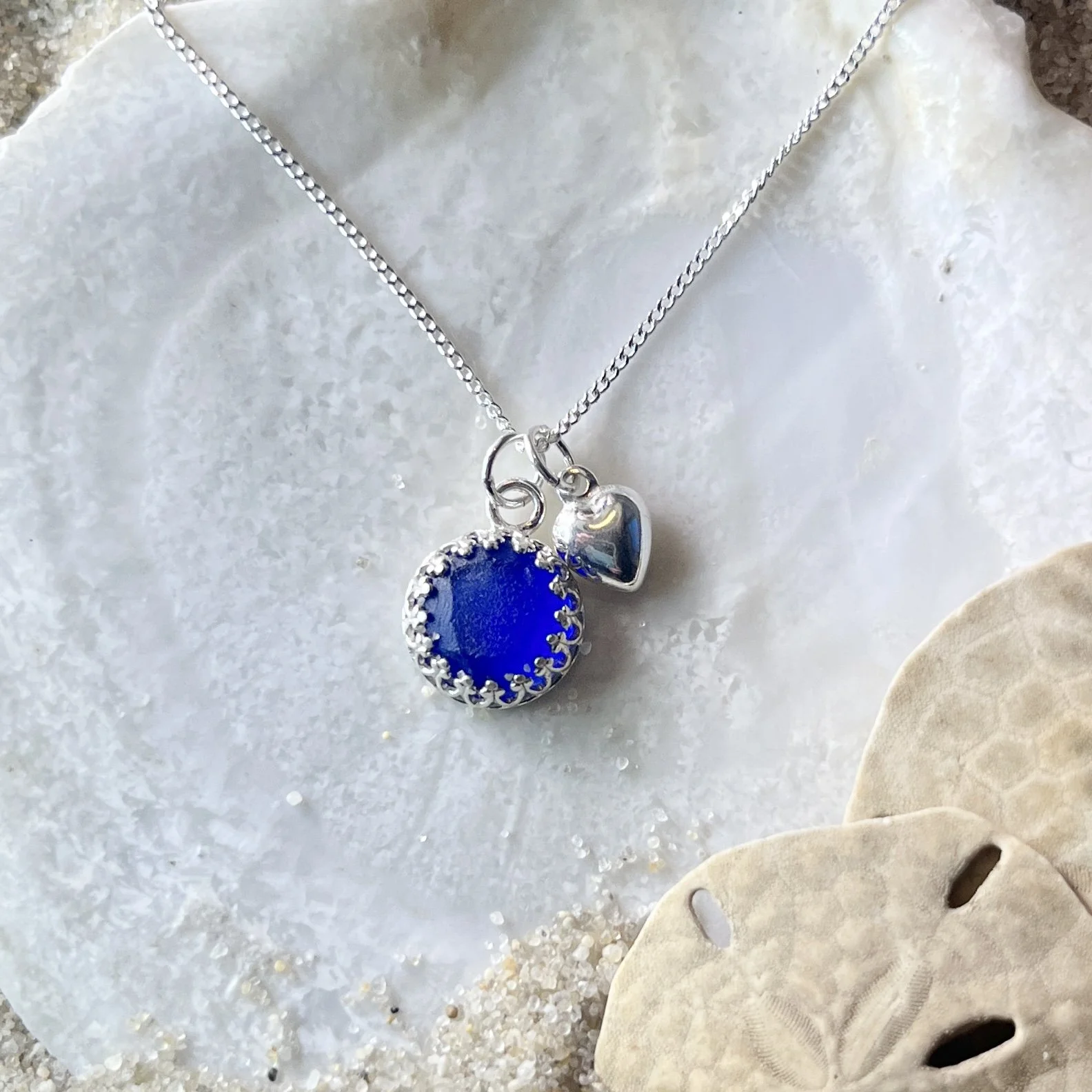 Petite Cobalt Blue Sea Glass Necklace with a Sterling Silver Heart by Janet Payne Jewelry, Cape May, NJ.jpg