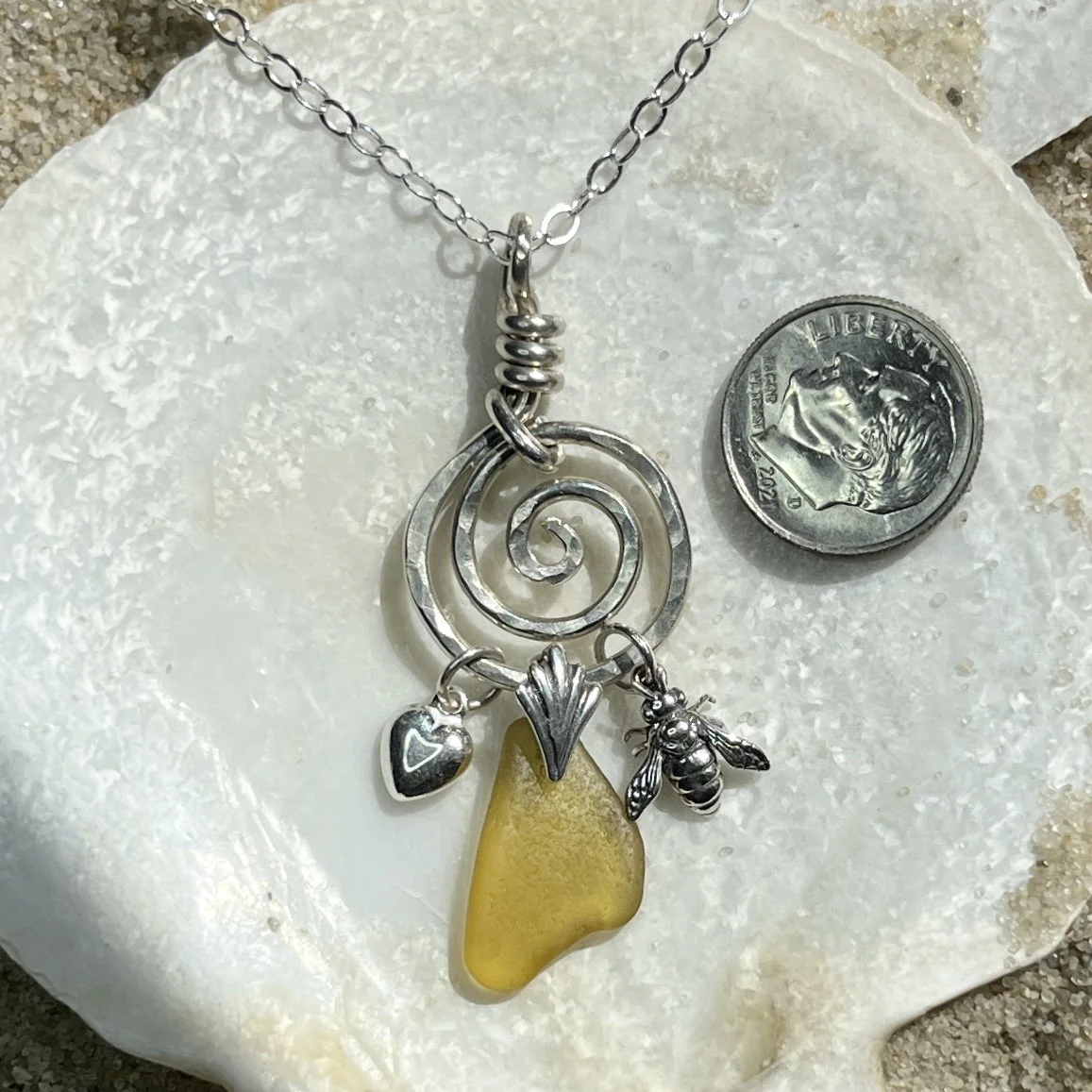 Honey Colored Sea Glass Spiral Charm Necklace