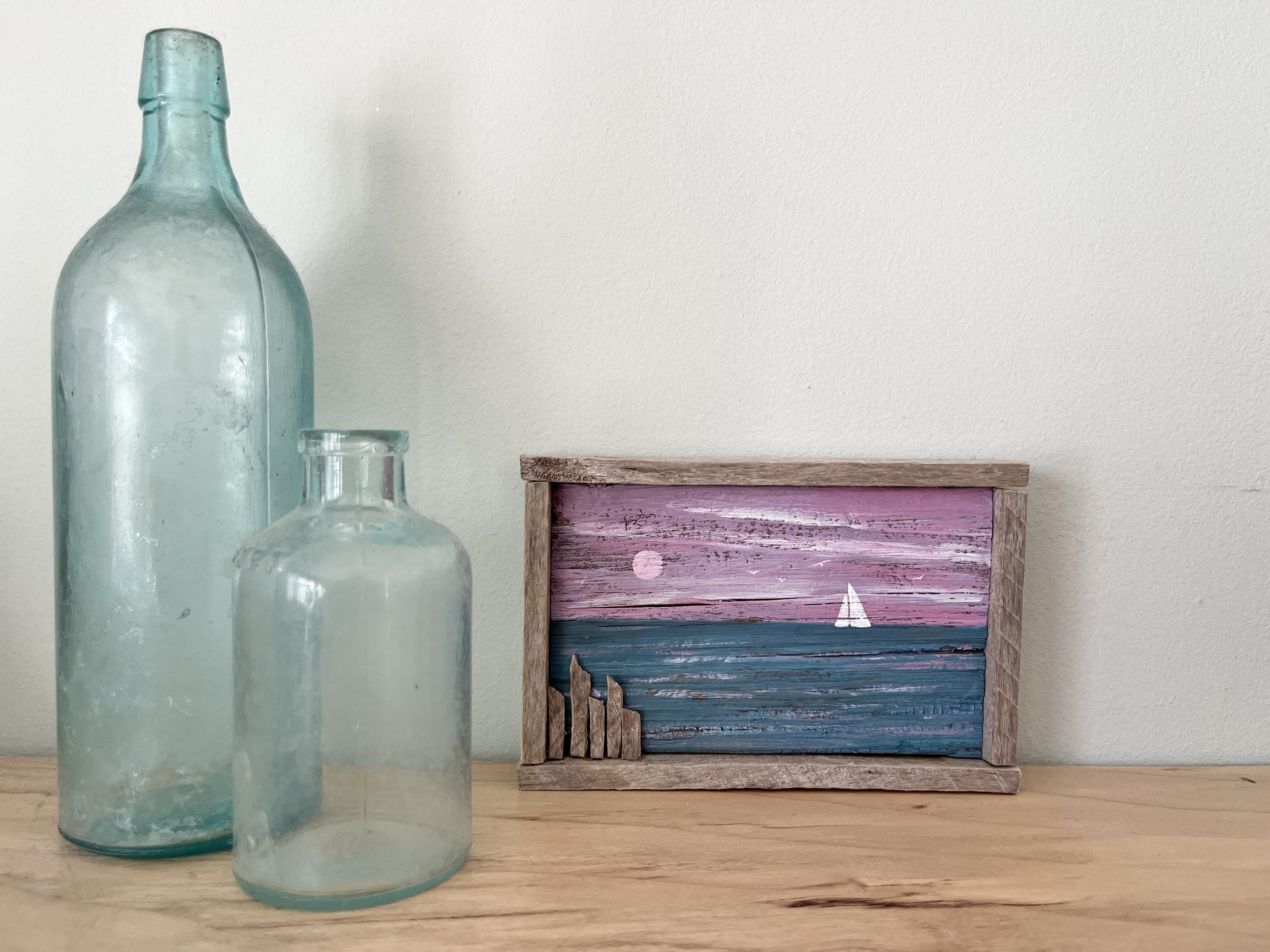 First Light Sail, driftwood painting by Janet Payne, Cape May, NJ