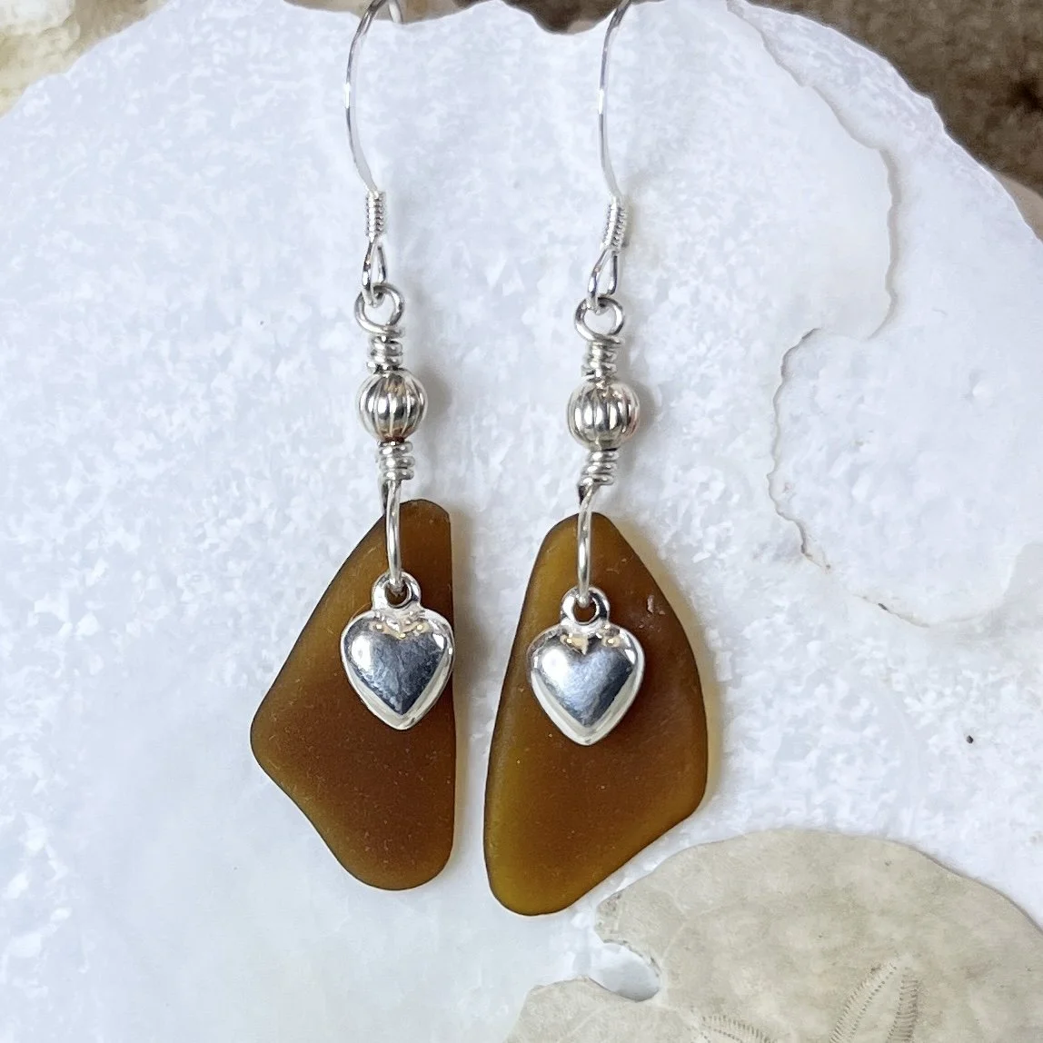 Brown Sea Glass Earrings with Sterling Silver Hearts by Janet Payne Jewelry, Cape May, NJ.jpg (Copy)