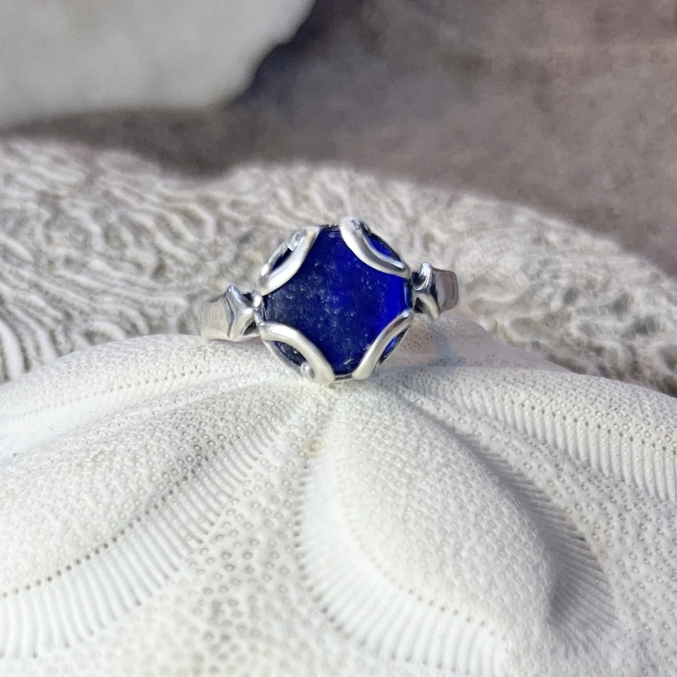 Blue Sea Glass Ring, Size 7