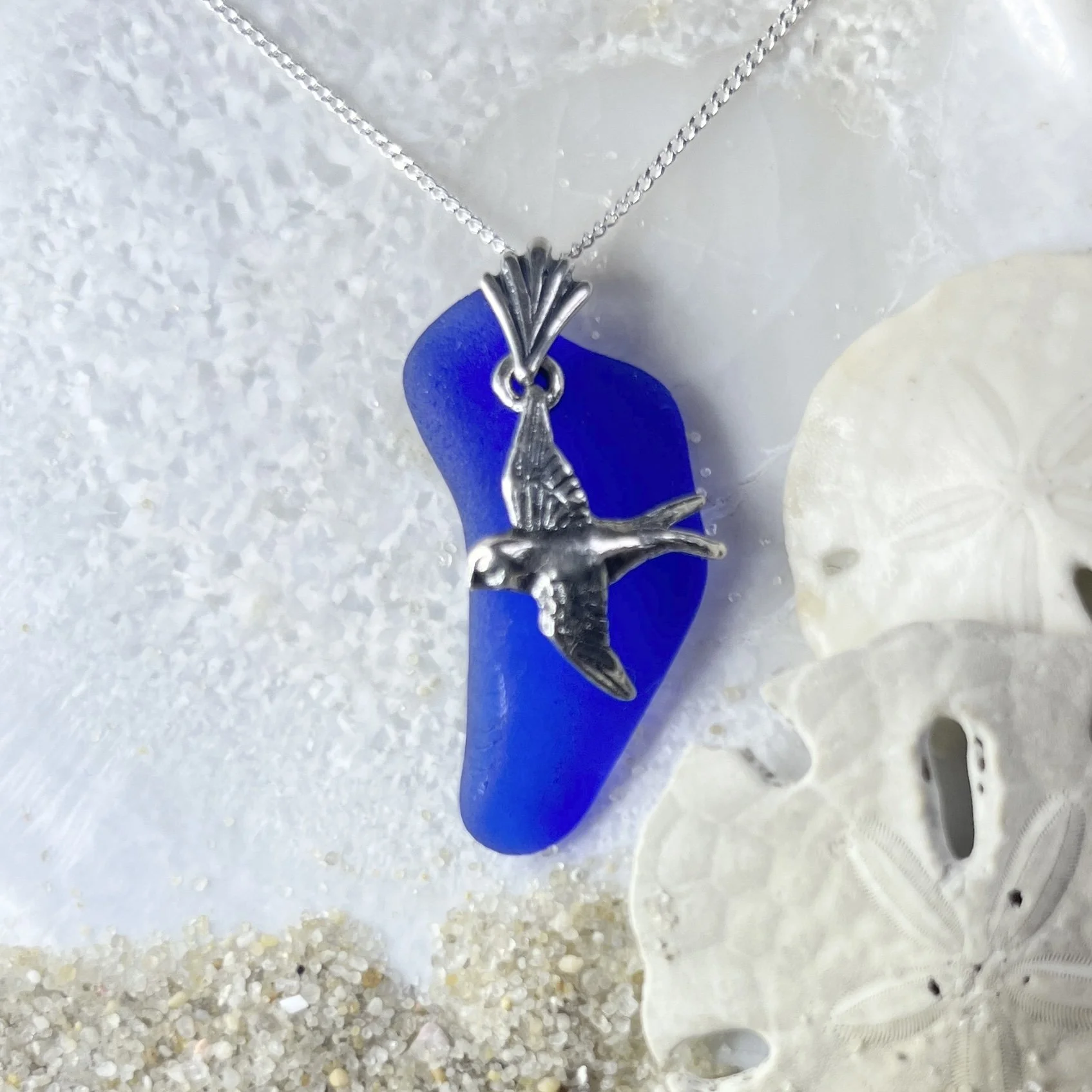 Cobalt Blue Sea Glass Necklace with a Sterling Silver Bird by Janet Payne Jewelry, Cape May, NJ