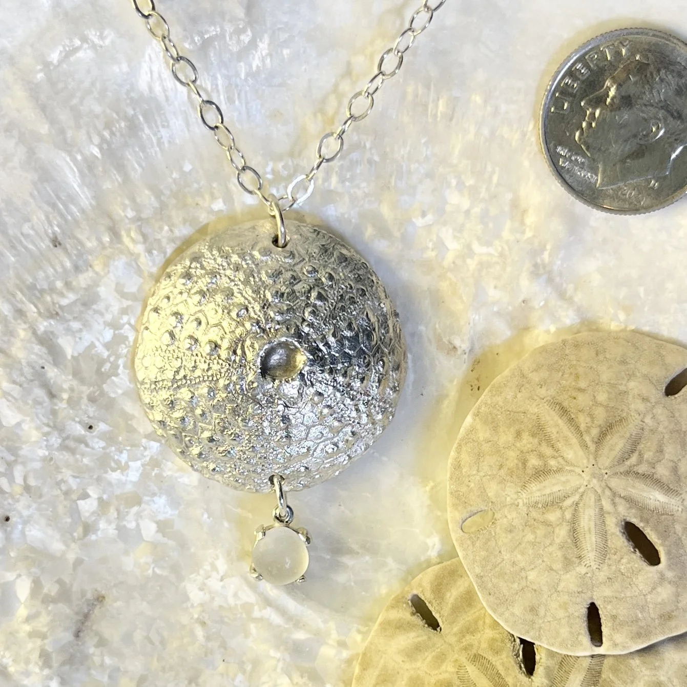 Fine Silver Sea Urchin Pendant with a Cape May Diamond Drop