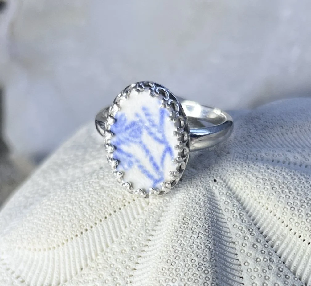 Blue Transfer Ware Sea Pottery Ring set in Sterling Silver, Size 6 by Janet Payne Jewelry, Cape May, NJ.jpg
