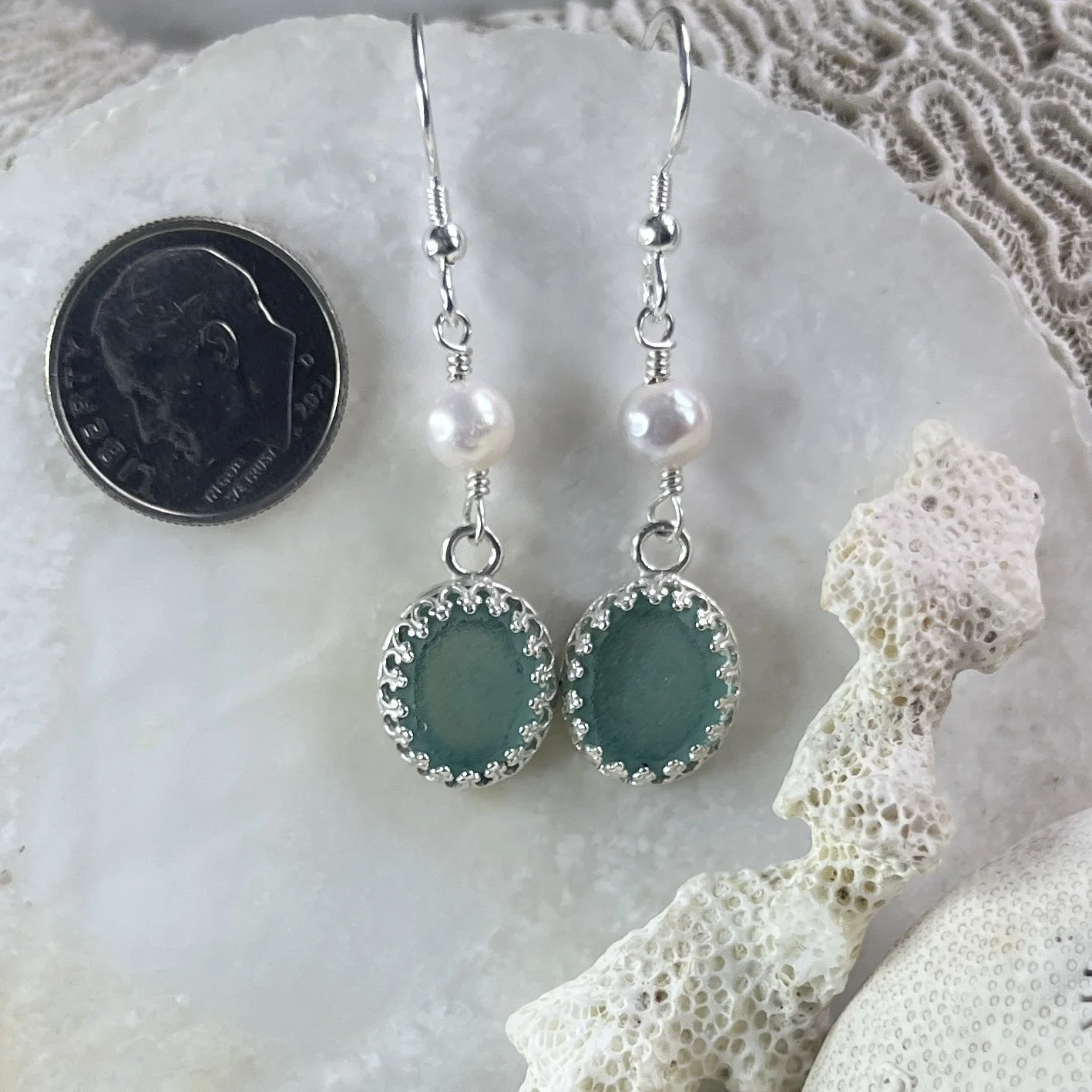 Teal Sea Glass Earrings with Fresh Water Pearls.jpg