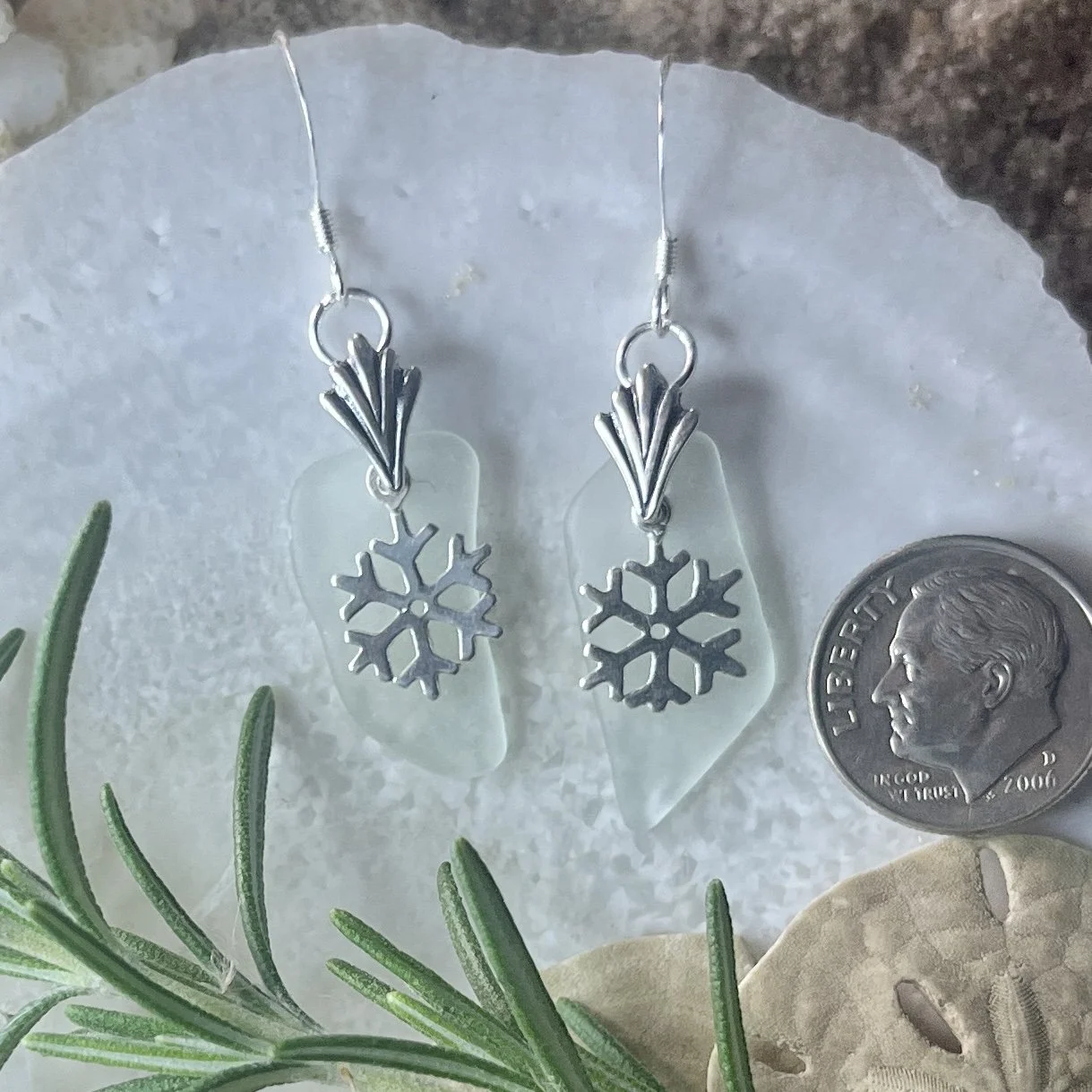 Sea Glass Earrings with Sterling Silver Snowflakes