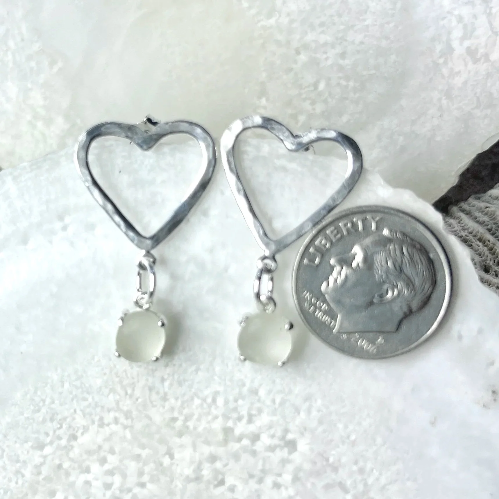 Sterling Silver Heart Earrings with Natural Cape May Diamond Drops