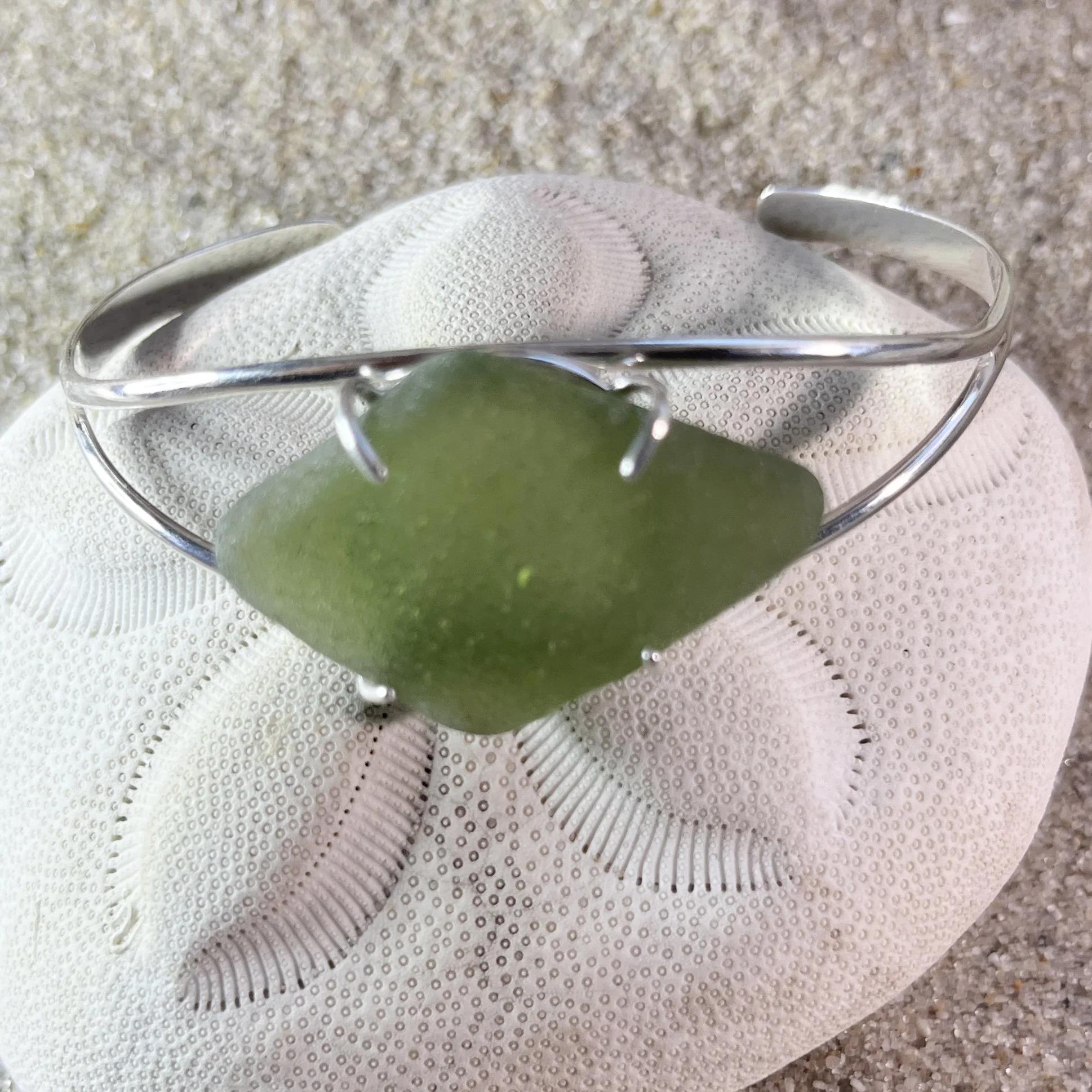 Moss Green Sea Glass and Sterling Silver Cuff