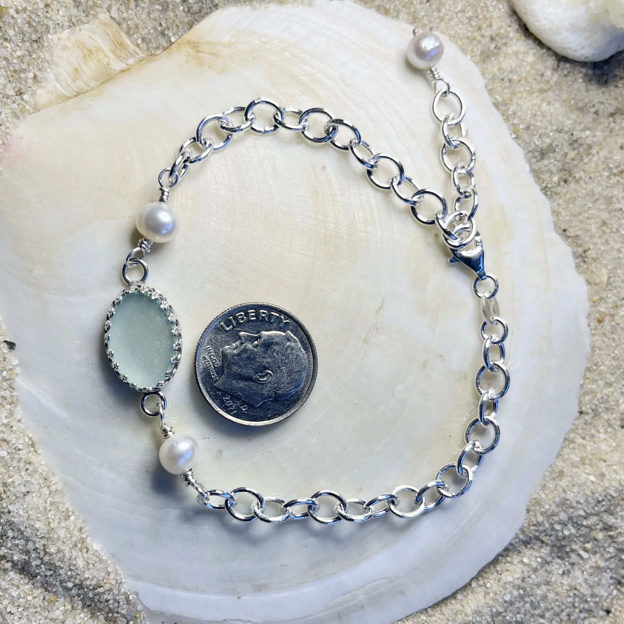 Seafood Sea Glass Bracelet with Freshwater Pearls .jpg