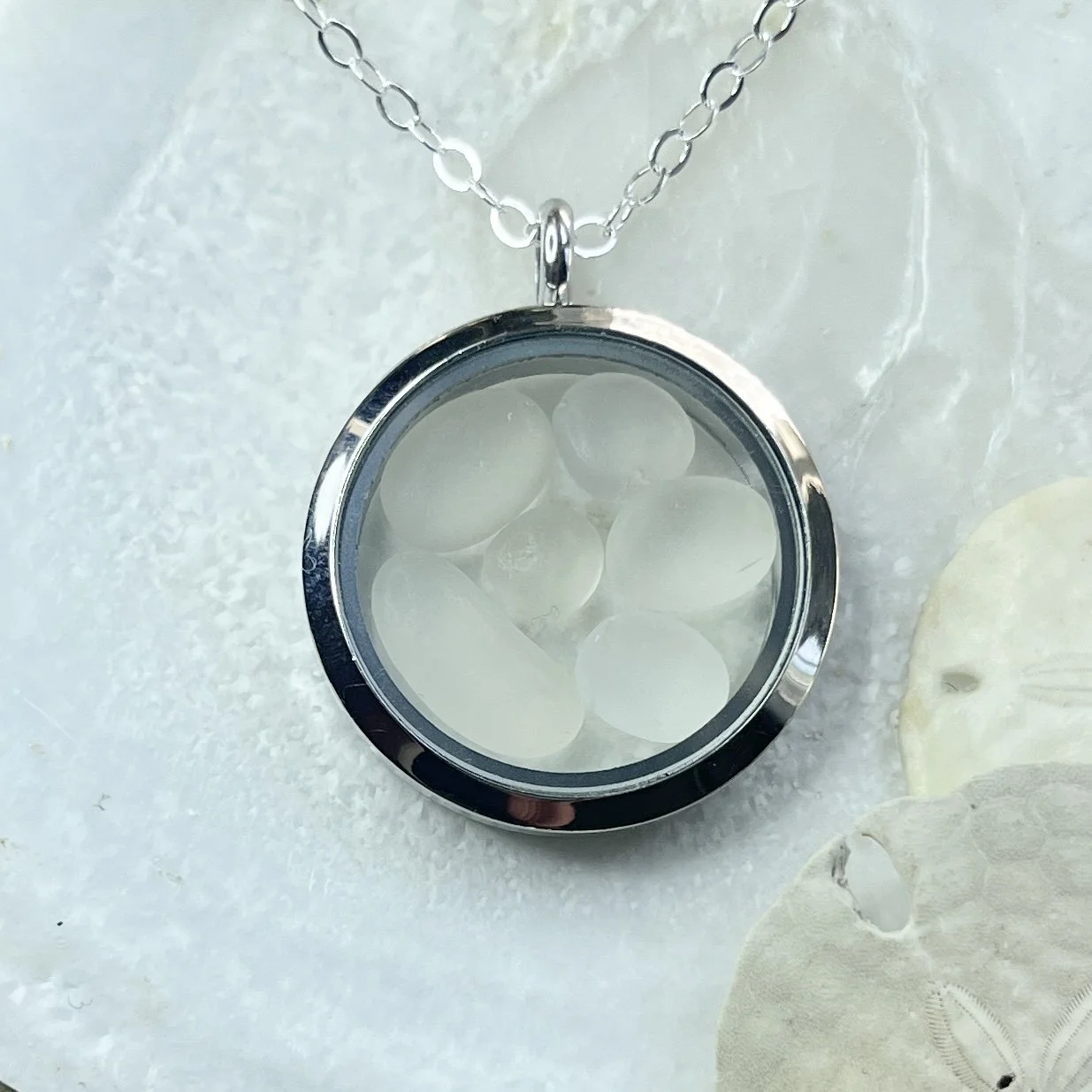 Glass Circle Locket Filled with Six Natural Cape May Diamonds by Janet Payne Jewelry, Cape May, NJ.jpg