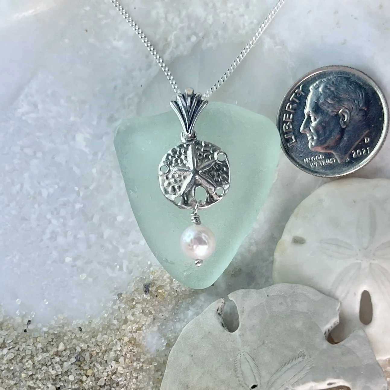 Green Seafoam Sea Glass with a Sterling Silver Sand Dollar and a Freshwater Pearl