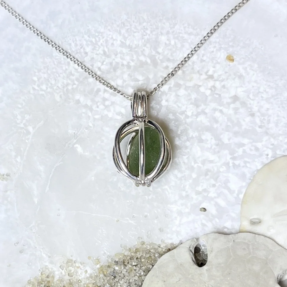 Green Sea Foam Sea Glass Captured in a Sterling Silver Cage Necklace by Janet Pyne Jewelry, Cape May, NJ