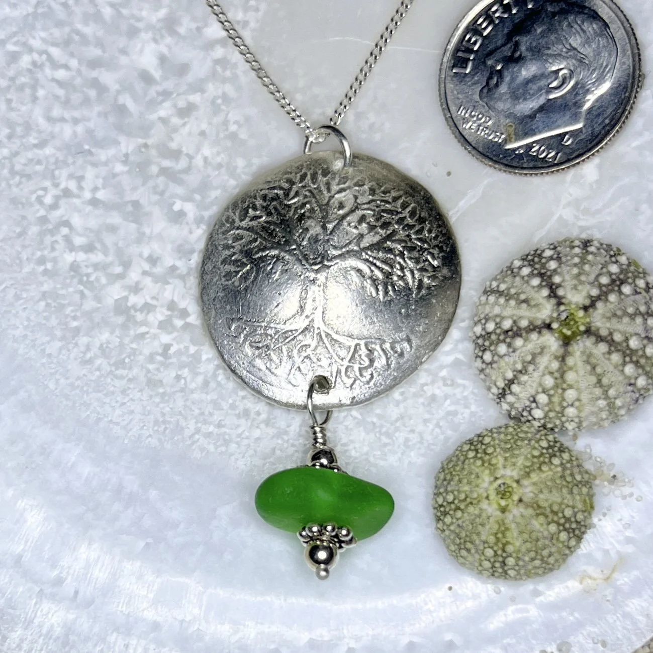 Tree of Life pendant with a bright green sea glass