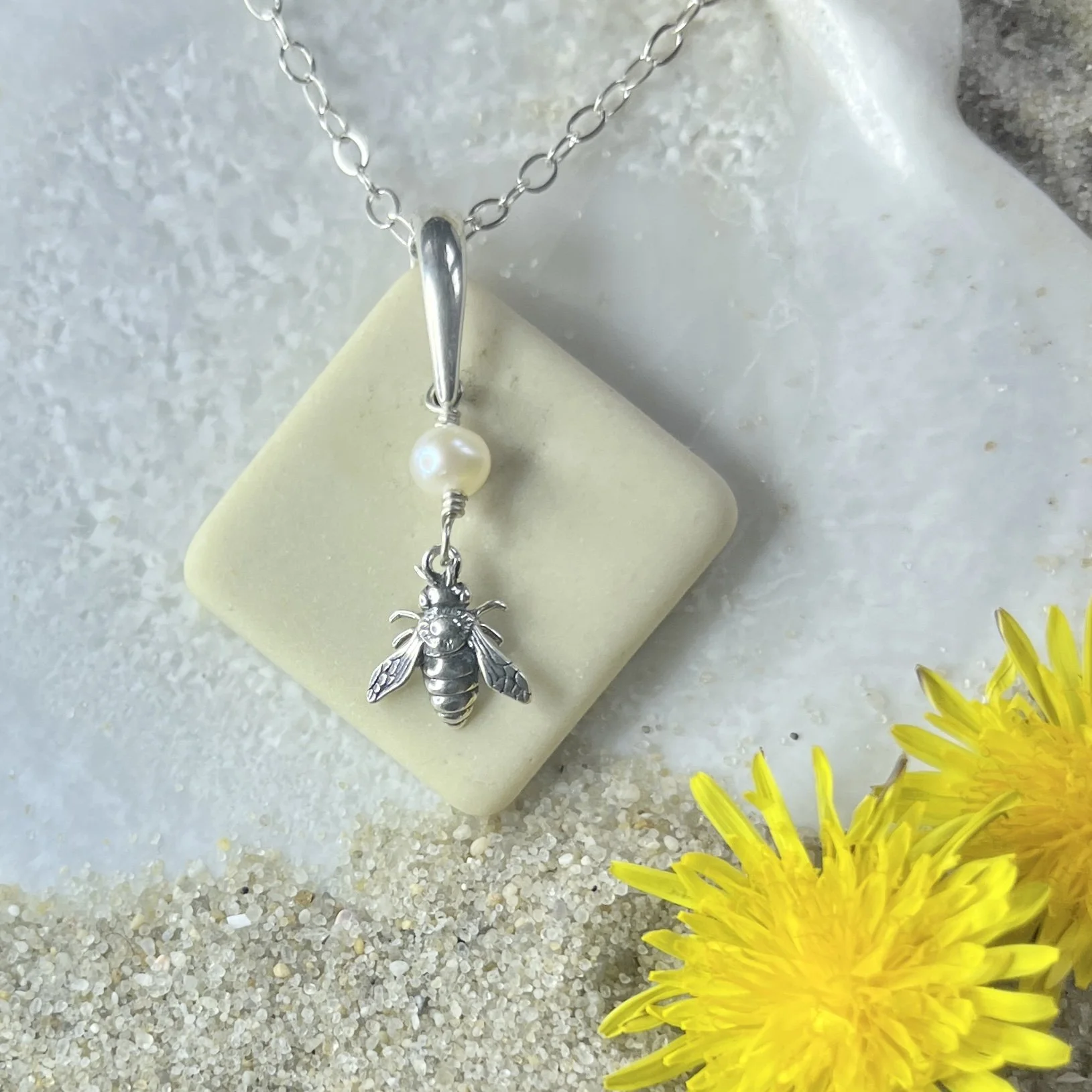 Soft Yellow Sea Tile Sea Pottery  Necklace with a Sterling Silver Honey Bee by Janet Payne Jewelry, Cape May, NJ