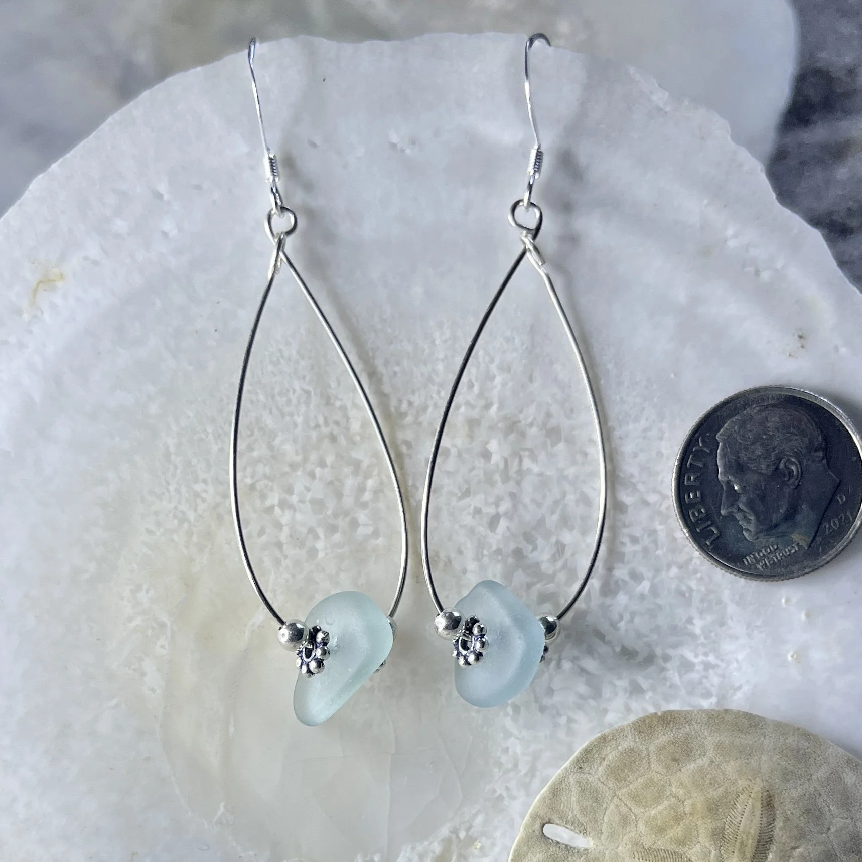 Blue seafoam sea glass earrings with sterling silver hoops