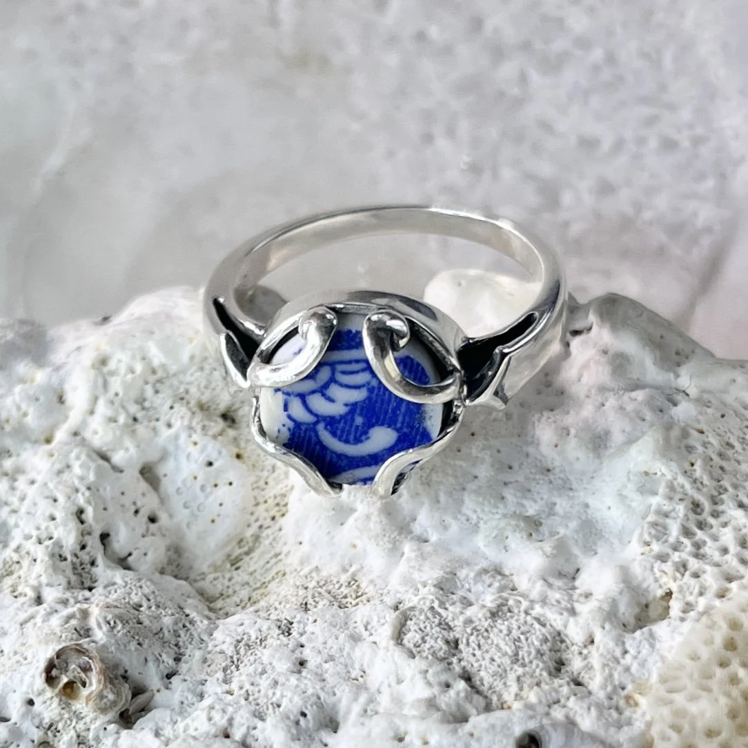Blue and White Sea Pottery Ring -size 8
