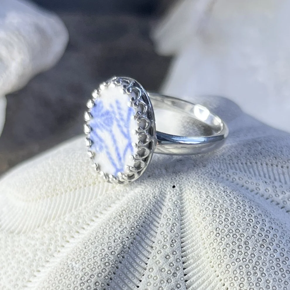 Blue Transfer Ware Sea Pottery Ring set in Sterling Silver, Size 6.jpg