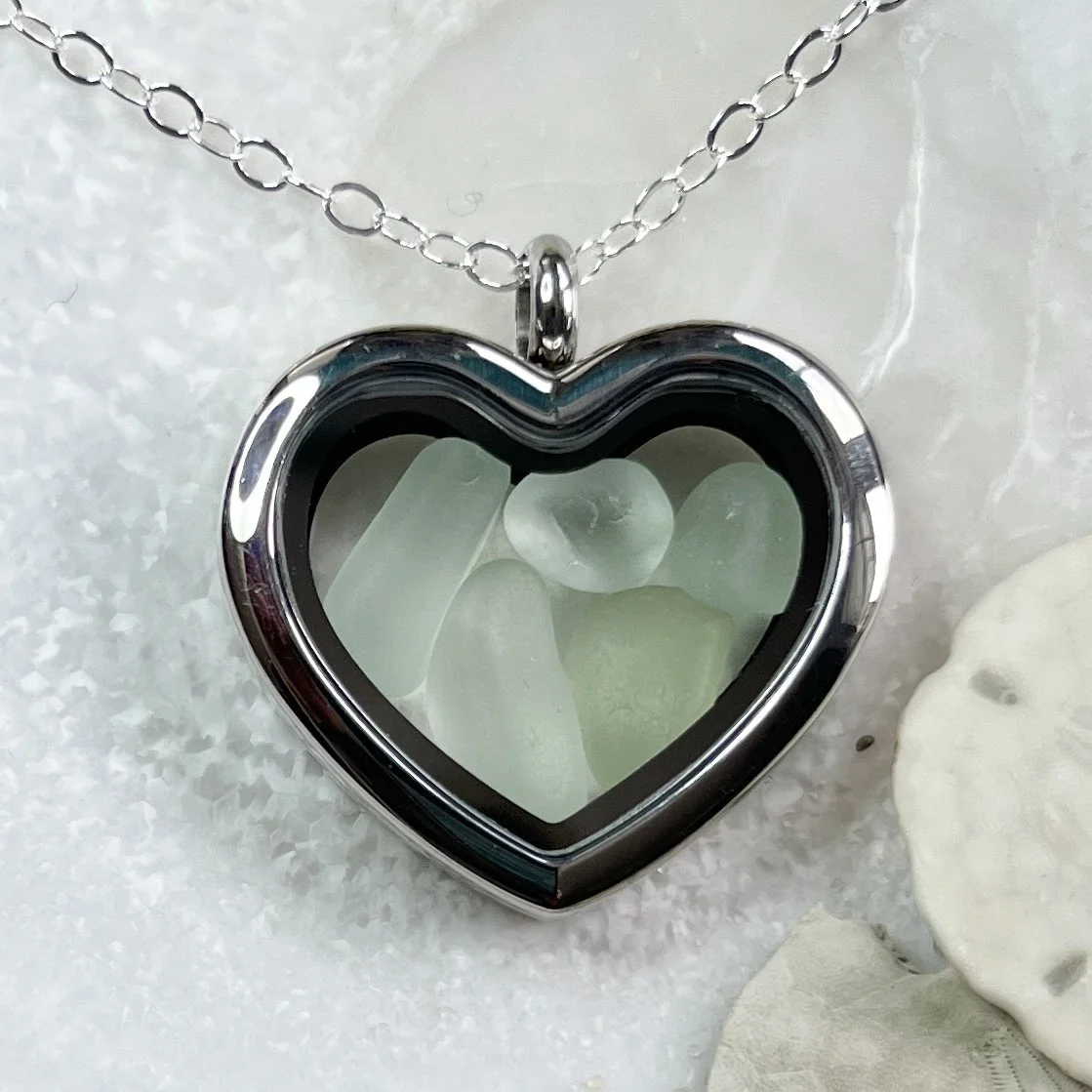 Glass Heart Locket Filled with Seafoam Sea Glass by Janet Payne Jewelry, Cape May, NJjpg