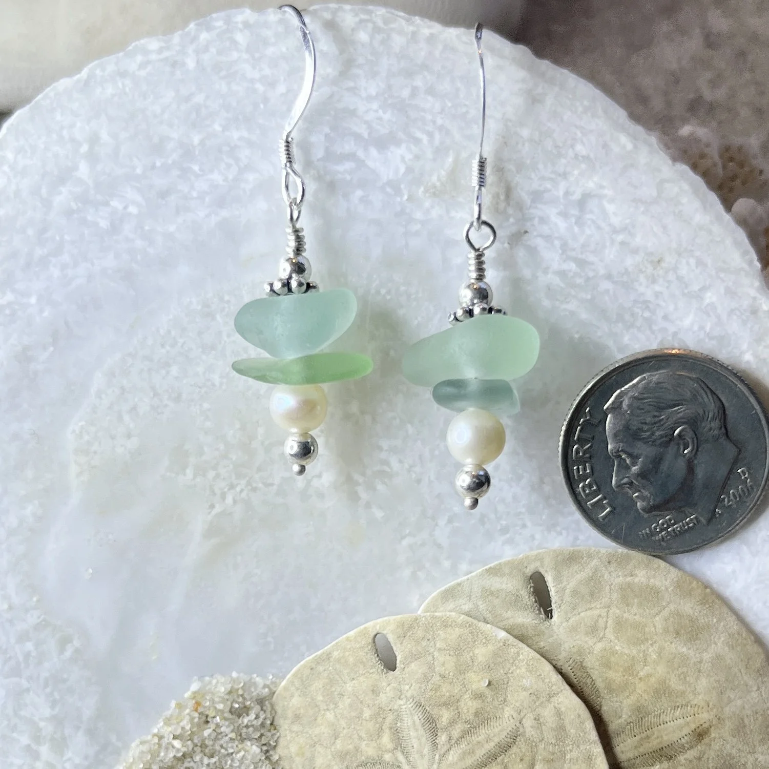 Stacked Sea Glass Earrings in the Colors of the Sea with Freshwater Pearls