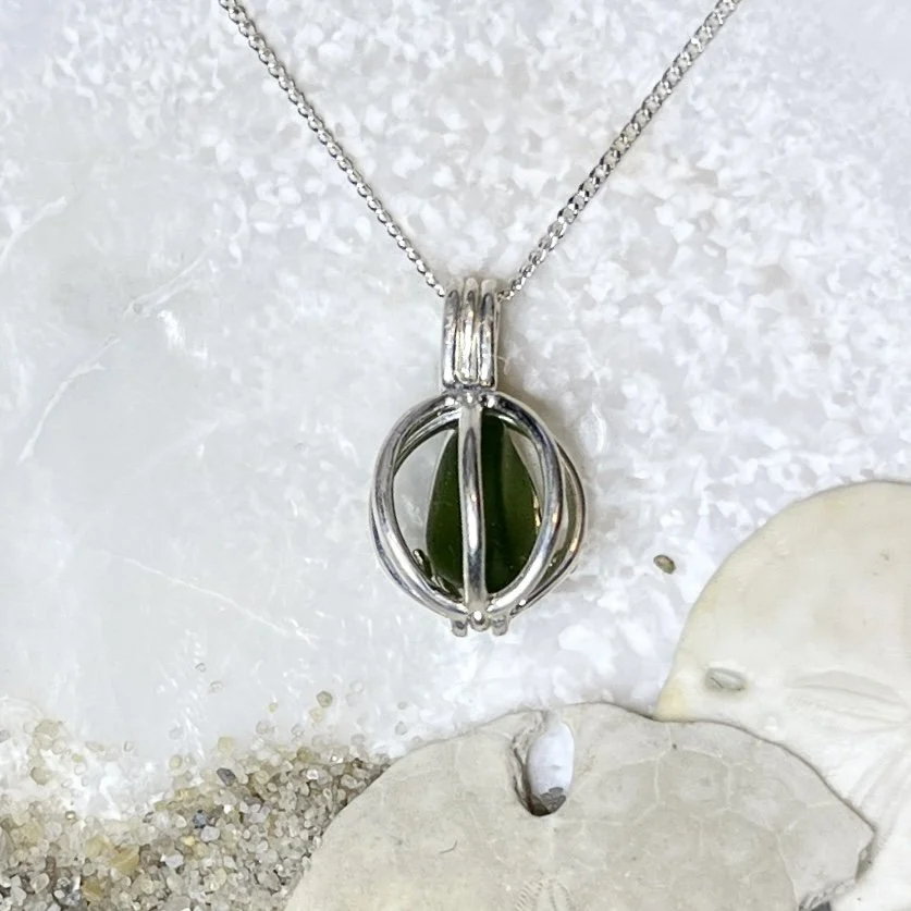 Moss Green Sea Glass Captured in A Sterling Silver Cage Necklace by Janet Payne Jewelry, Cape May, NJ
