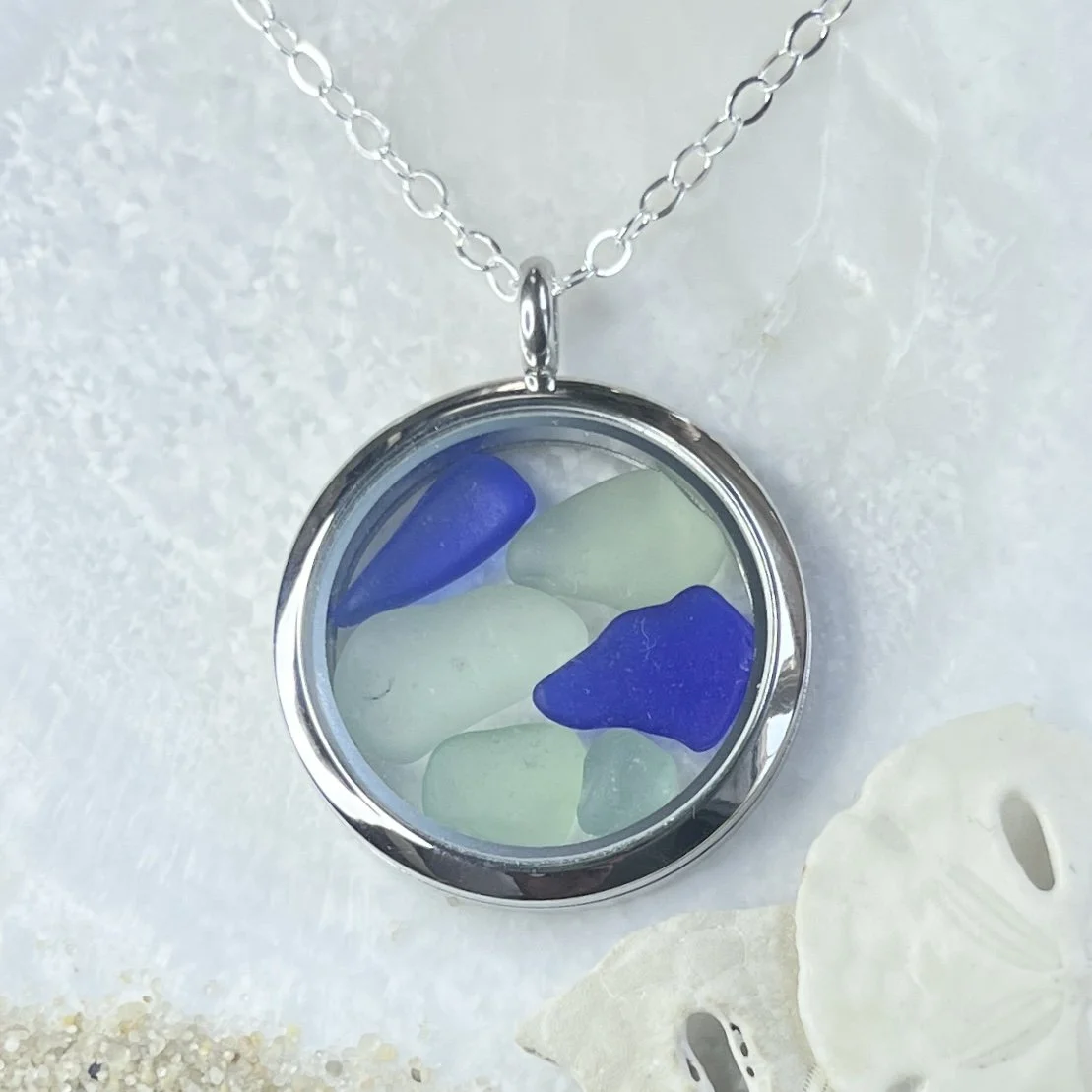 Glass Circle Locket Filled with Cobalt Blue and Seafoam Sea Glass by Janet Payne Jewelry, Cape May, NJ.jpg