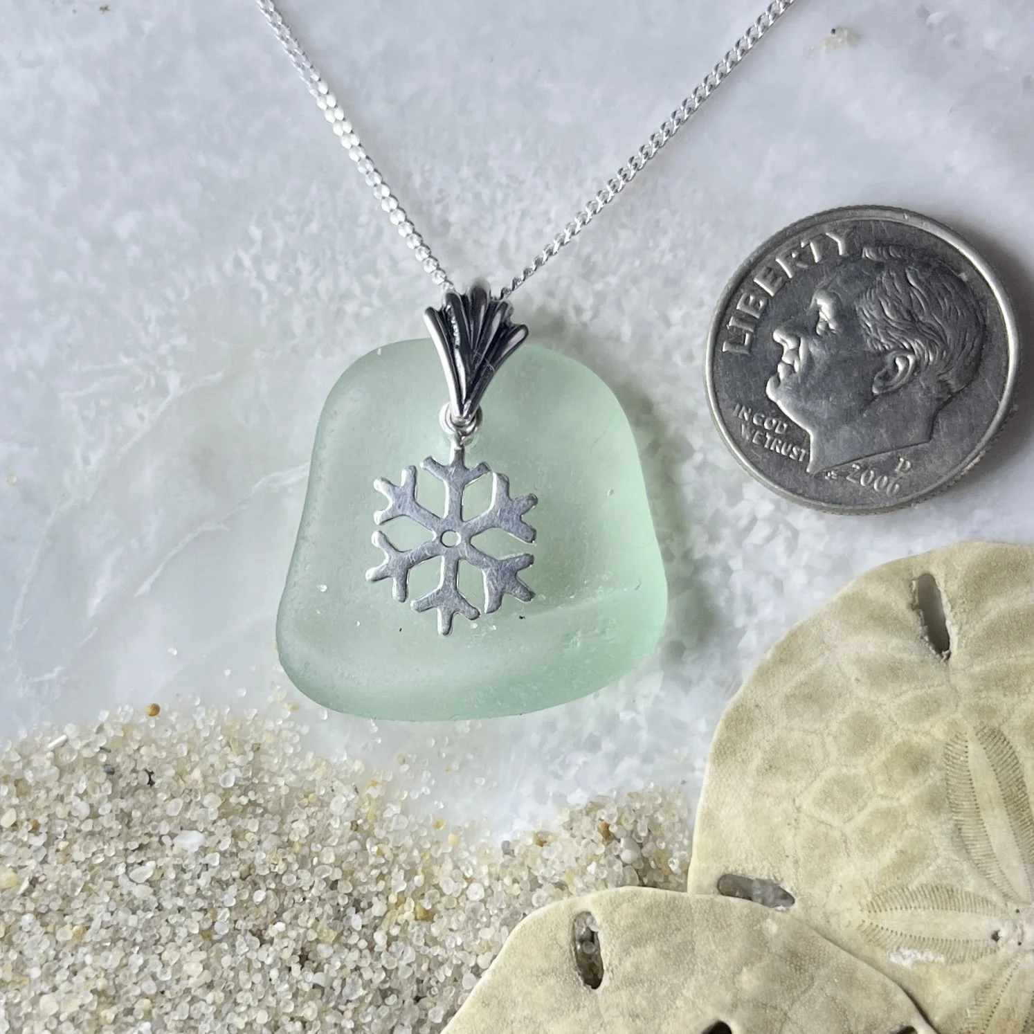 Blue Seafaom Sea Glass Necklace with a Sterling Silver Snowflake