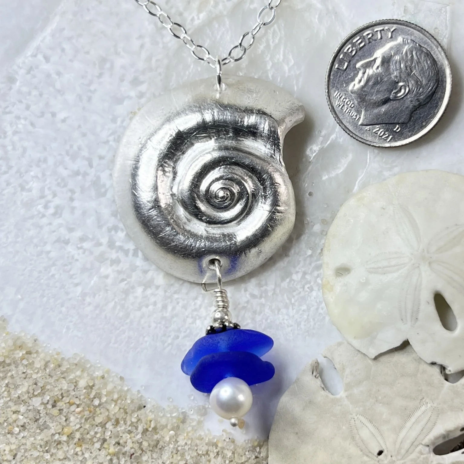 Fine Silver Shell Pendant with a Cobalt Blue Sea Glass Drop with a Freshwater Pearl.jpg