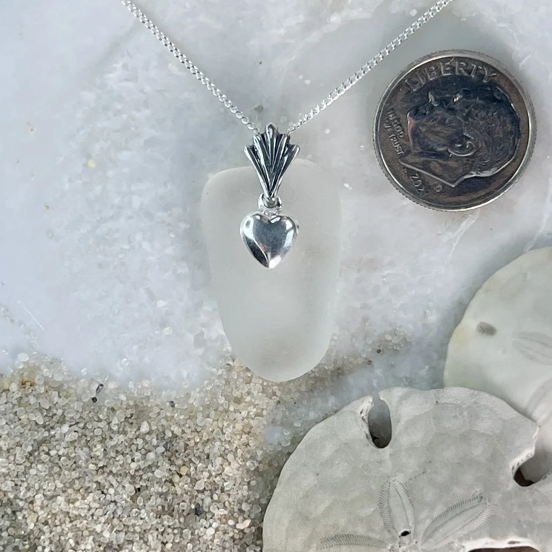 White Sea Glass Necklace with a Sterling Silver Heart