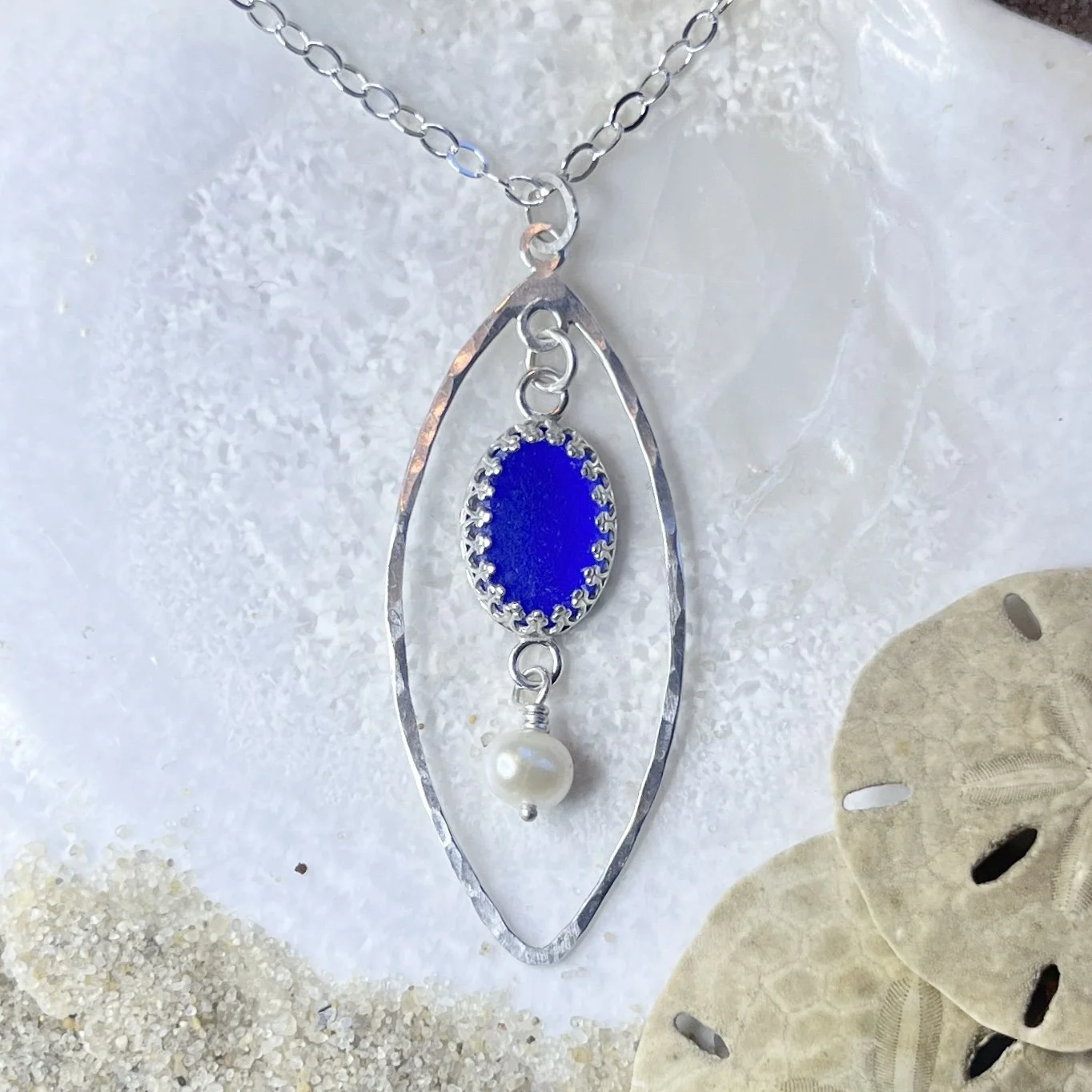 Cobalt Blue Sea Glass Pendant with a Fresh Water Pearl by Janet Payne Jewelry, Cape May, NJ.jpg