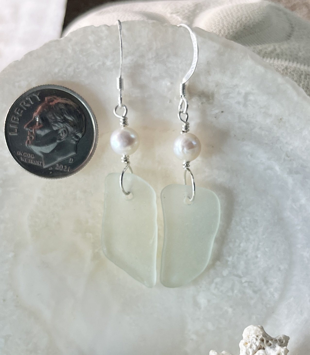 Light Sea Foam Sea Glass Earrings with Freshwater Pearls